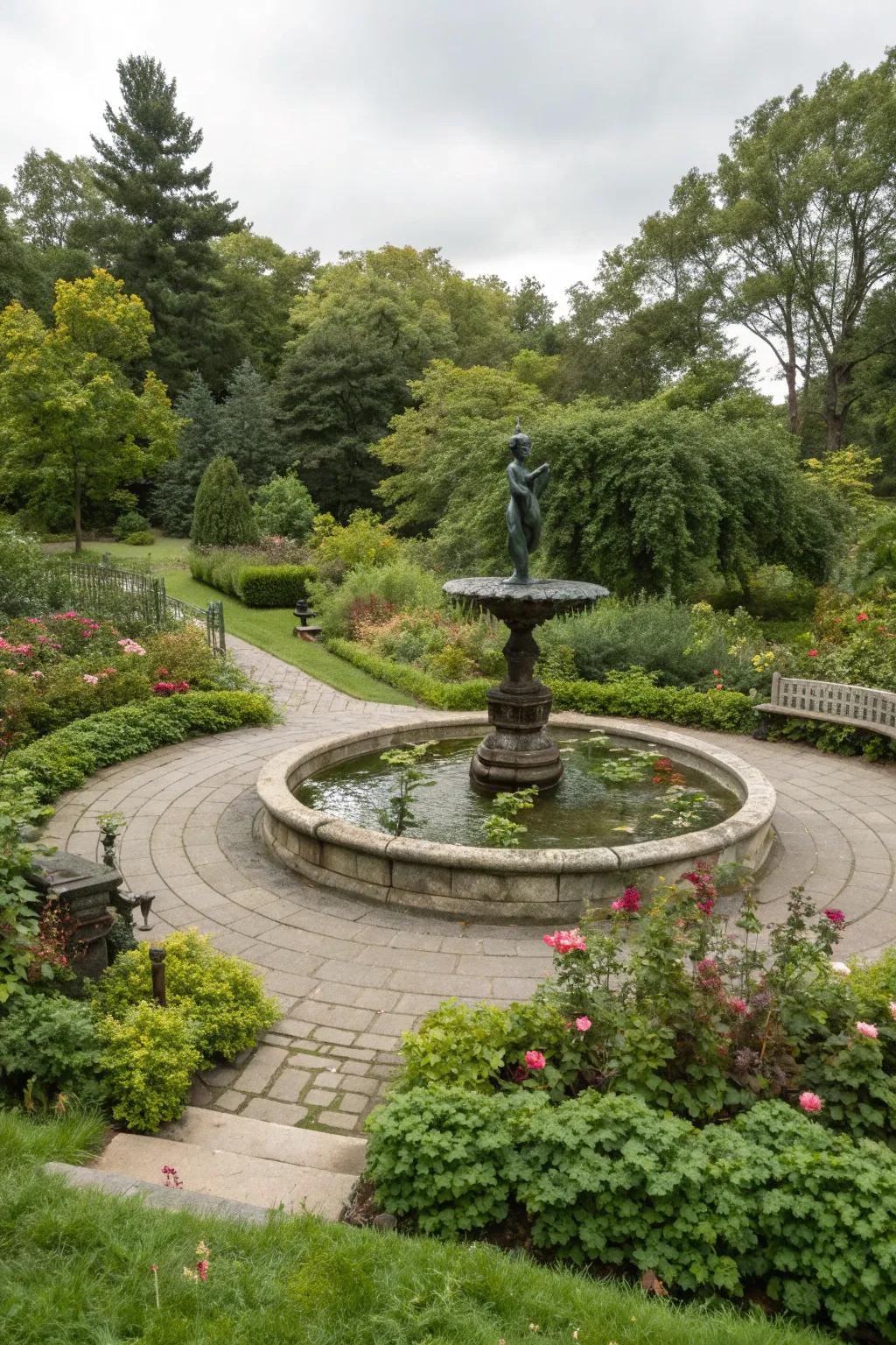 An artistic outdoor sculpture as a garden centerpiece.
