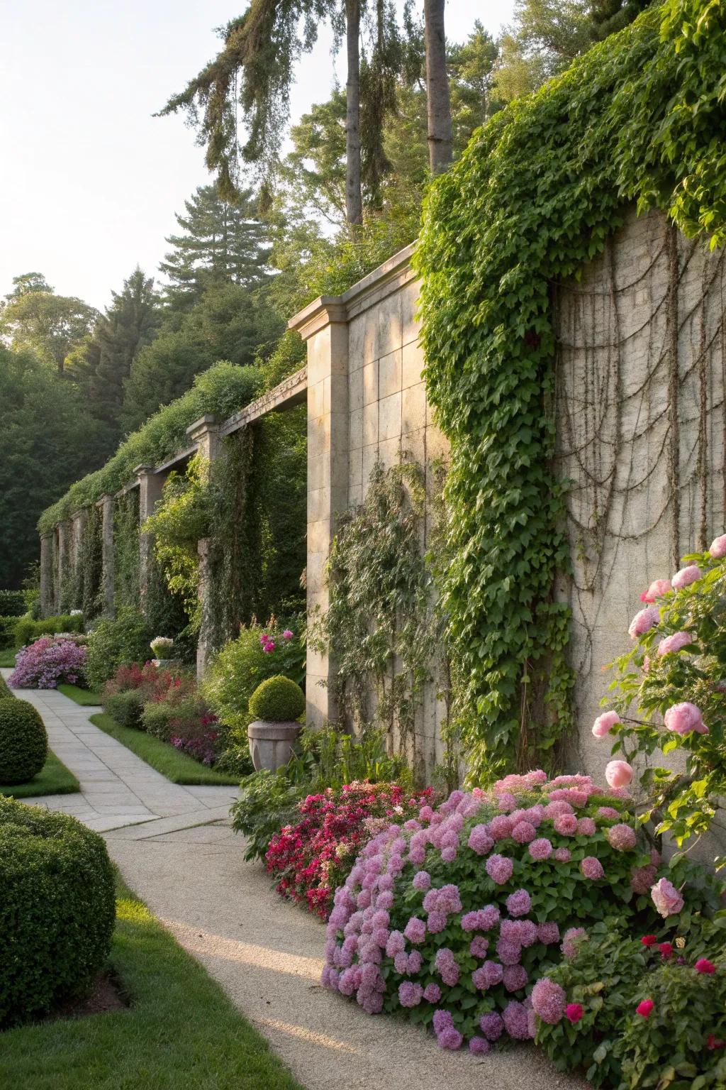 A feature wall with climbing plants adding drama and definition to the garden.