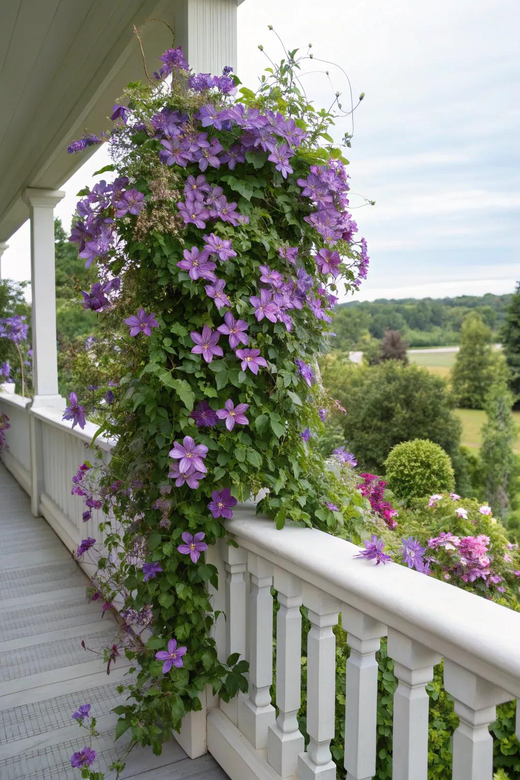 A balcony transformed by cascading clematis vines.