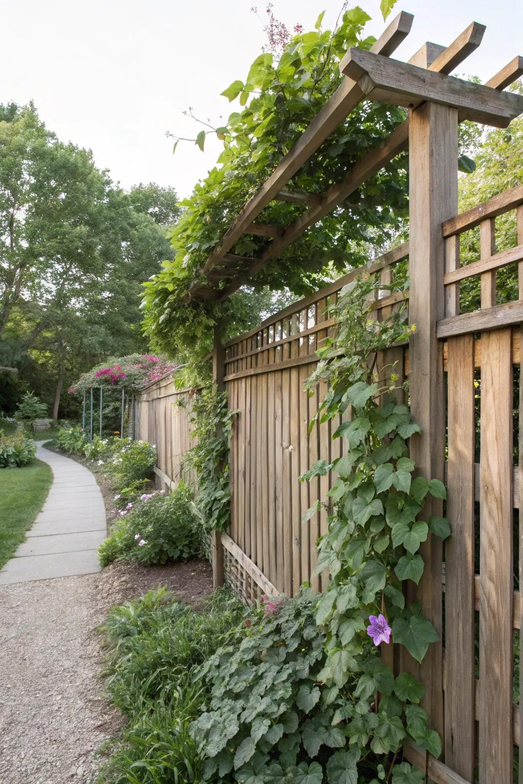 A green, living fence enhanced with trellis toppers