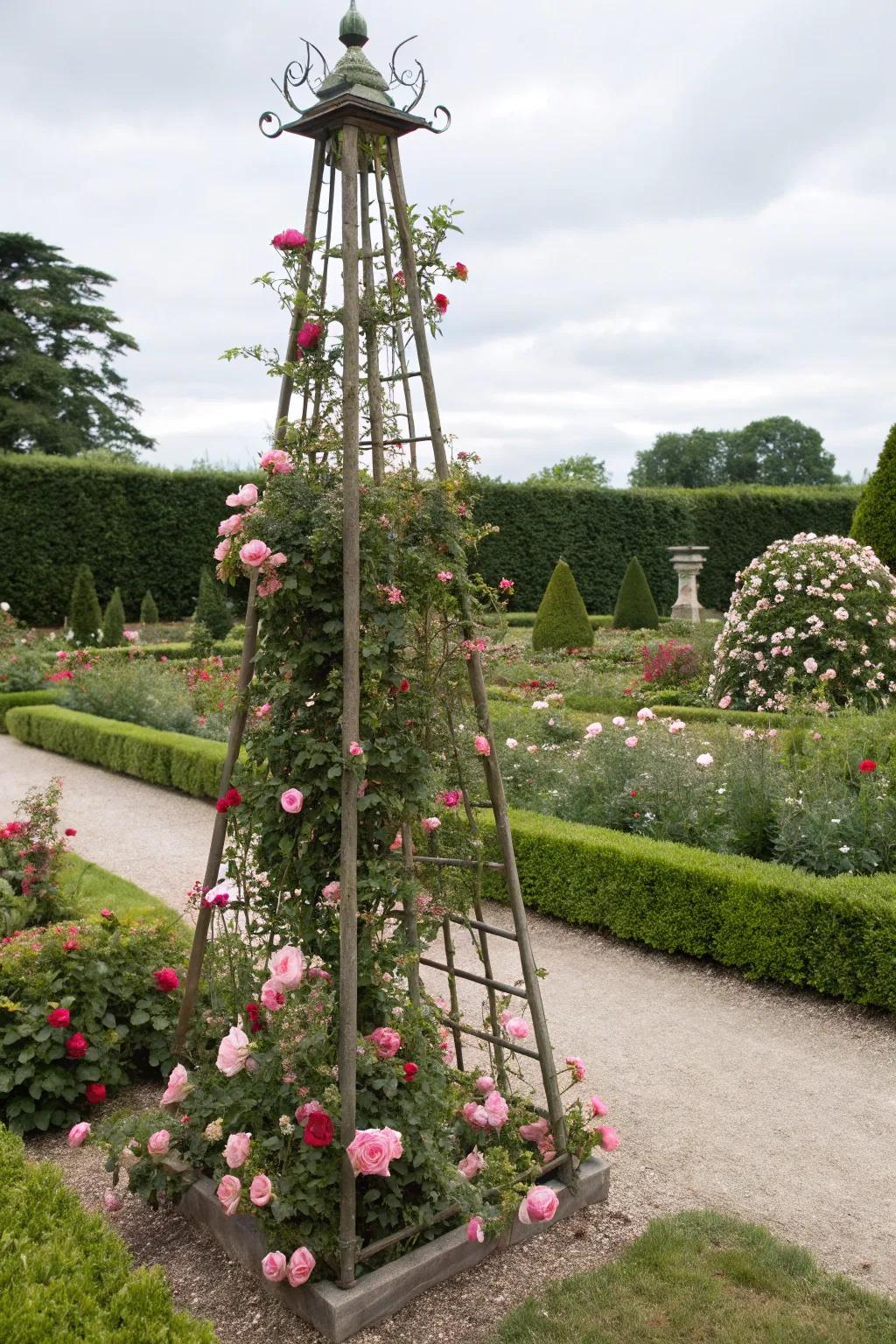 Add height and drama with a striking obelisk trellis for your climbing roses.