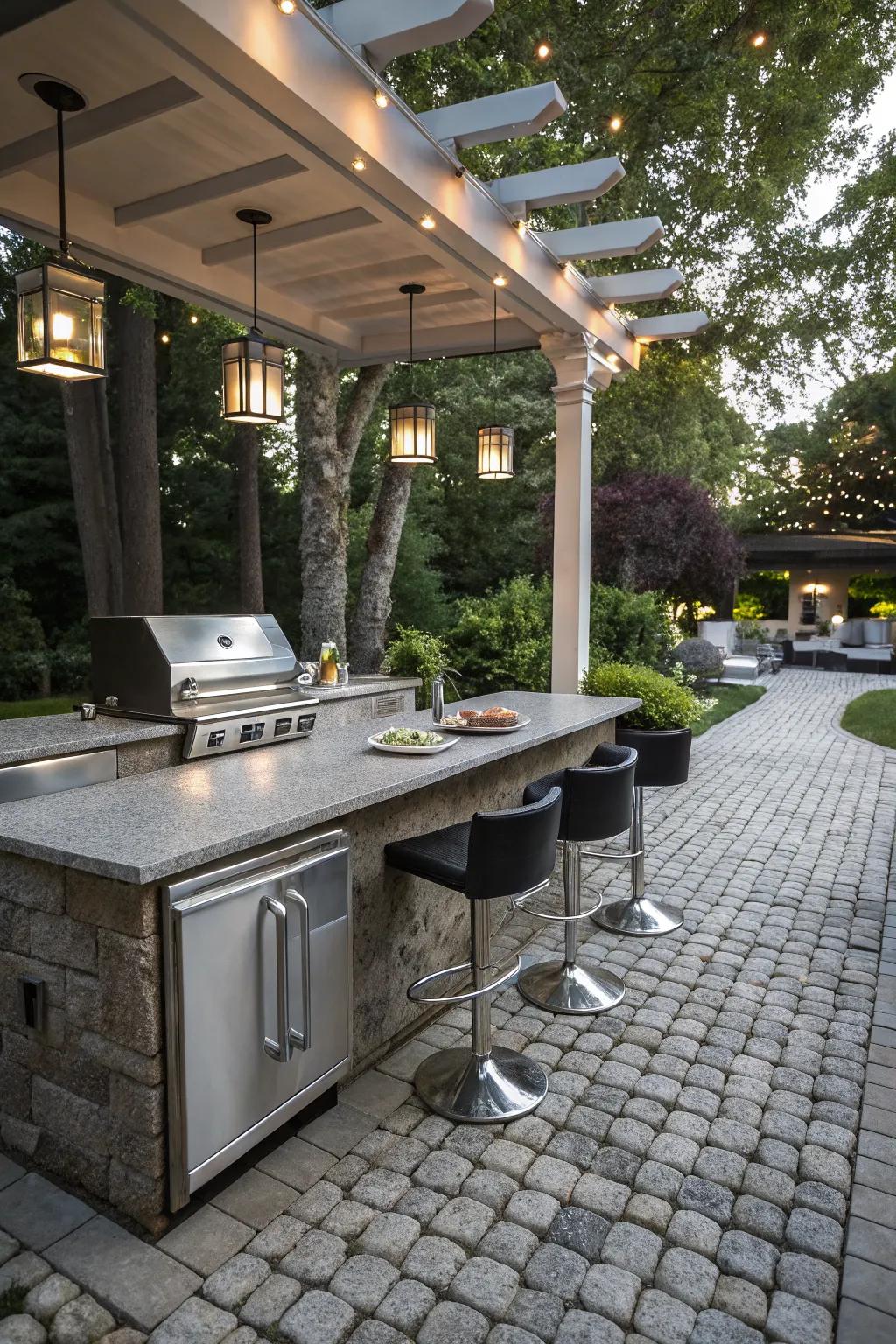 A chic cobblestone outdoor kitchen.