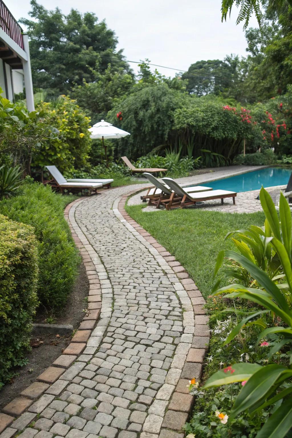 A luxurious cobblestone path guiding the way to a backyard pool.