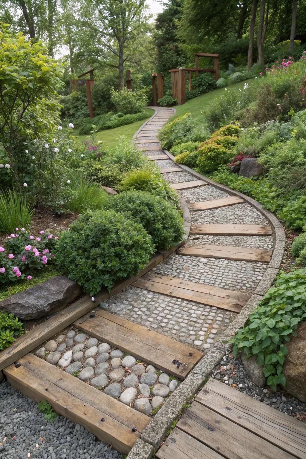 A cobblestone path featuring a mix of materials for added texture.