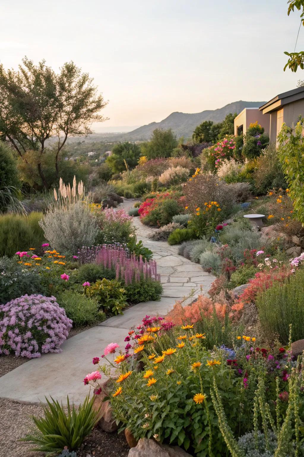 A colorful xeriscape garden showcasing seasonal blooms.