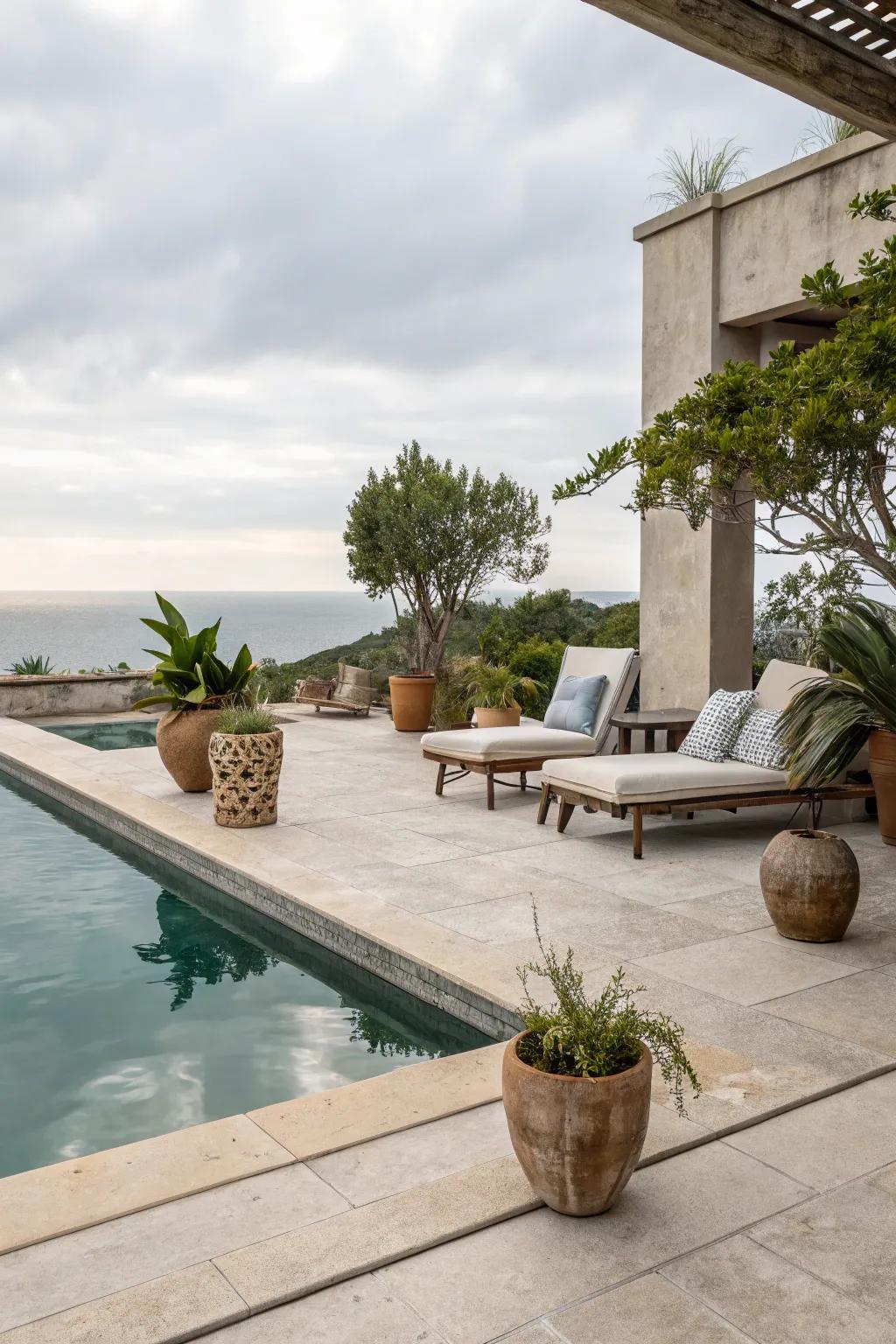 Neutral tones offer understated elegance in pool deck design.