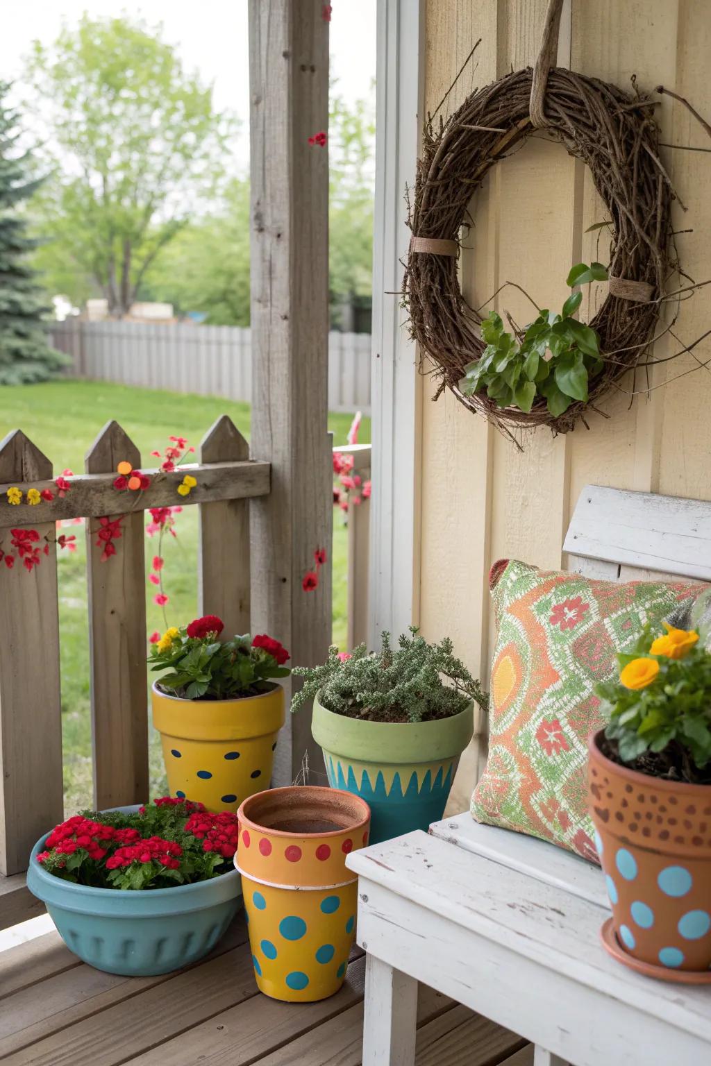 A porch adorned with DIY crafts like painted pots and a handmade wreath.