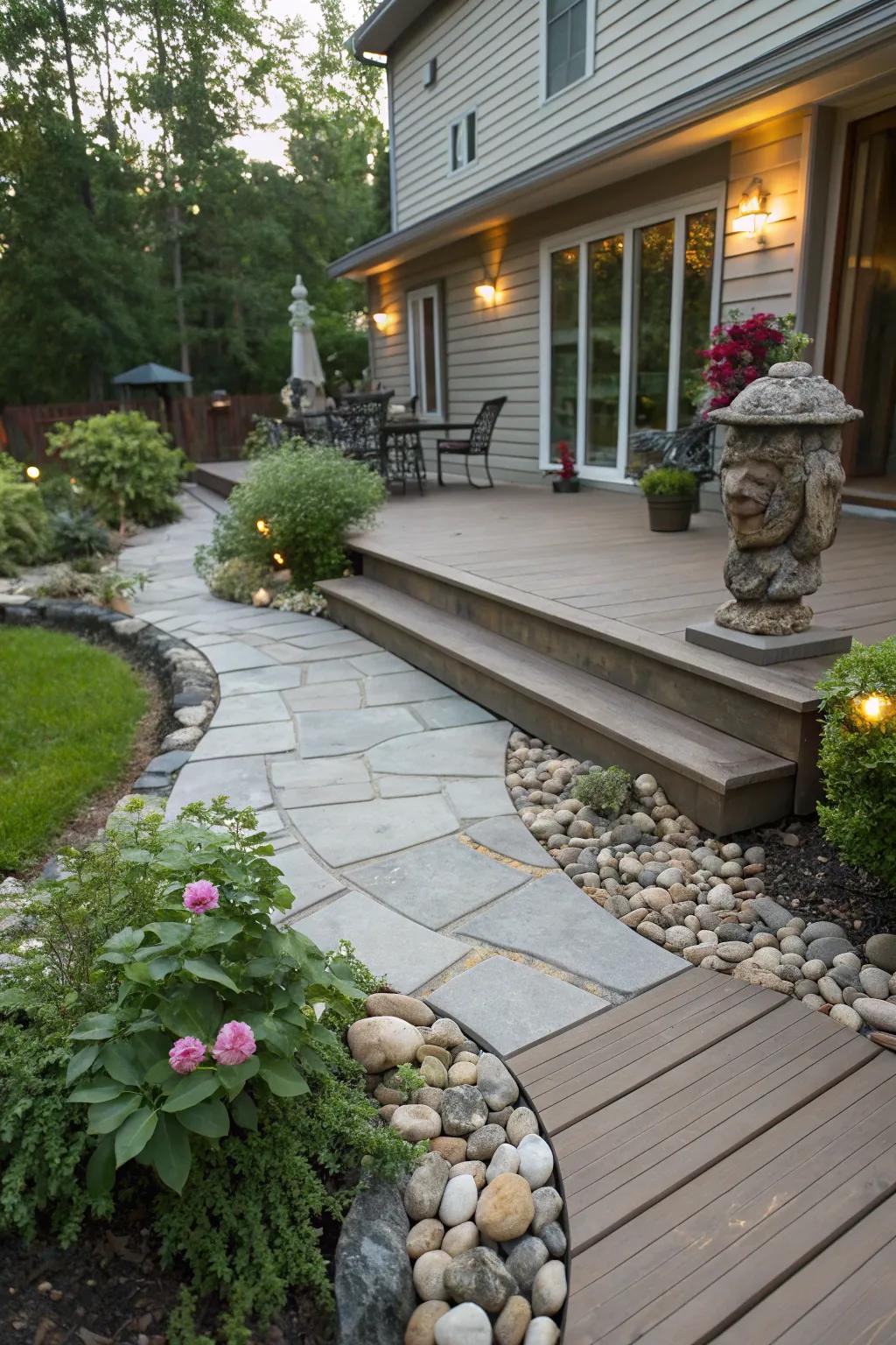 Natural stone complements composite decking for a stunning visual effect.