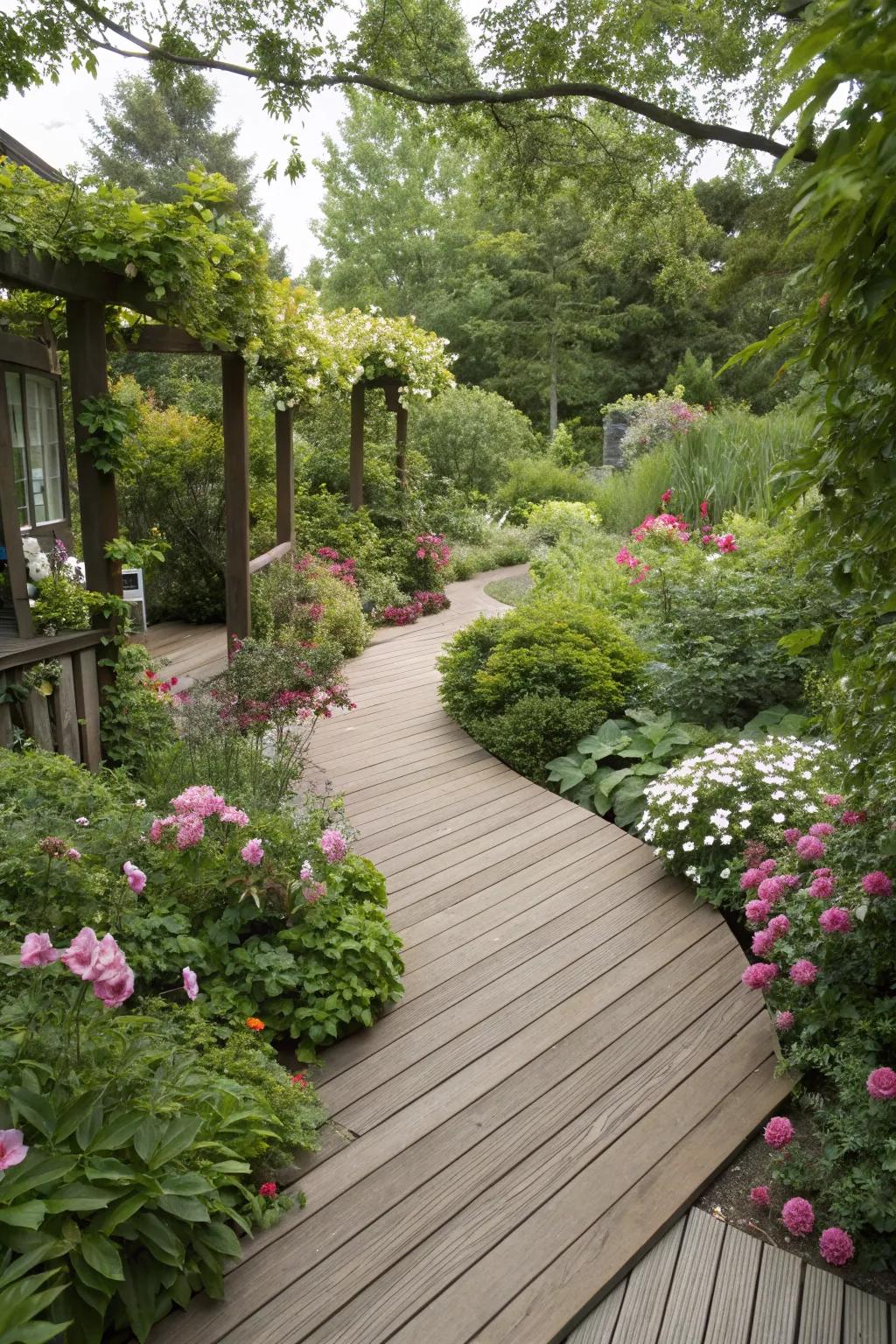 Composite deck merging smoothly with the surrounding garden, enhancing natural beauty.