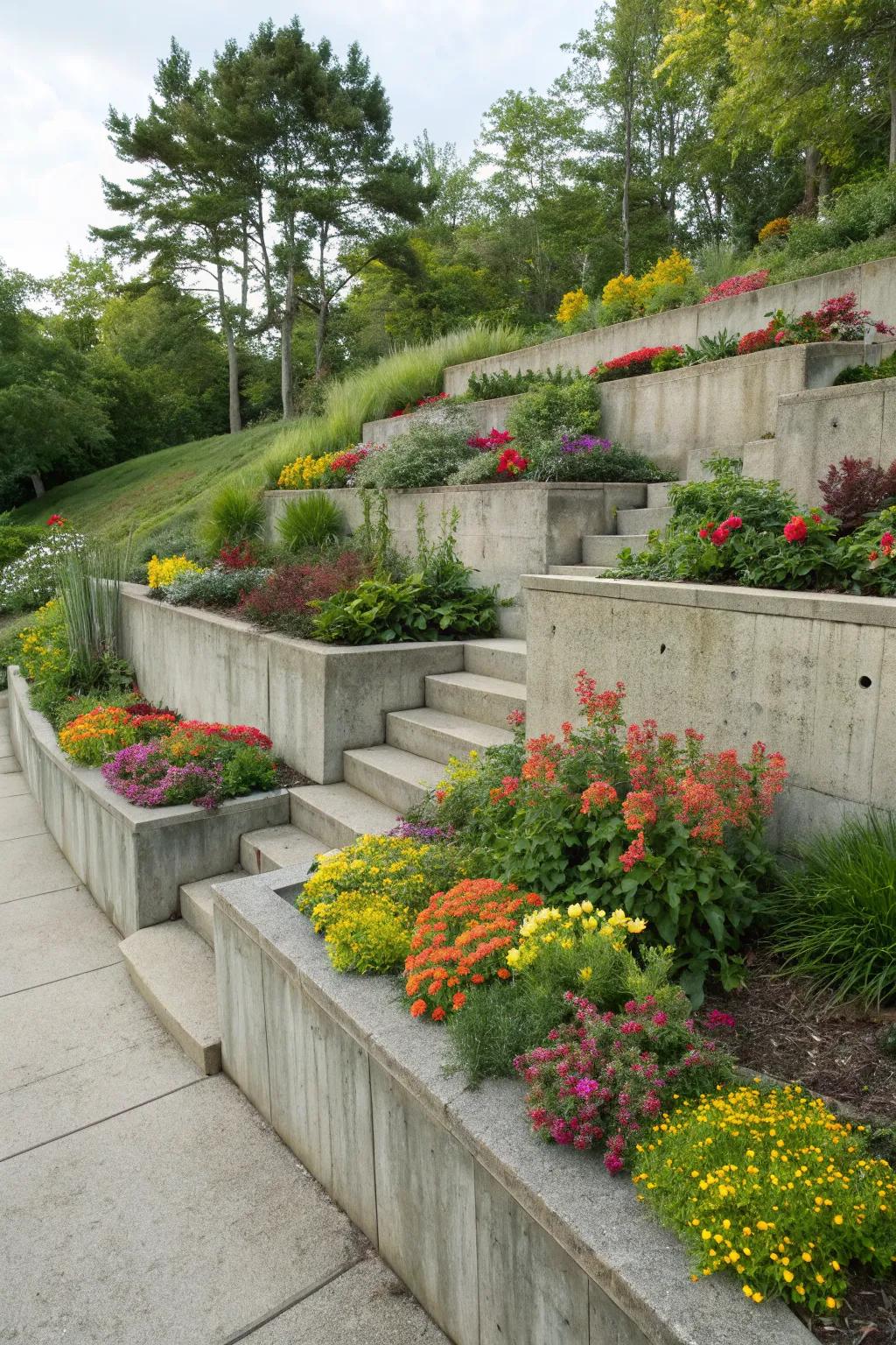 Tiered garden featuring concrete retaining walls and vibrant plants.