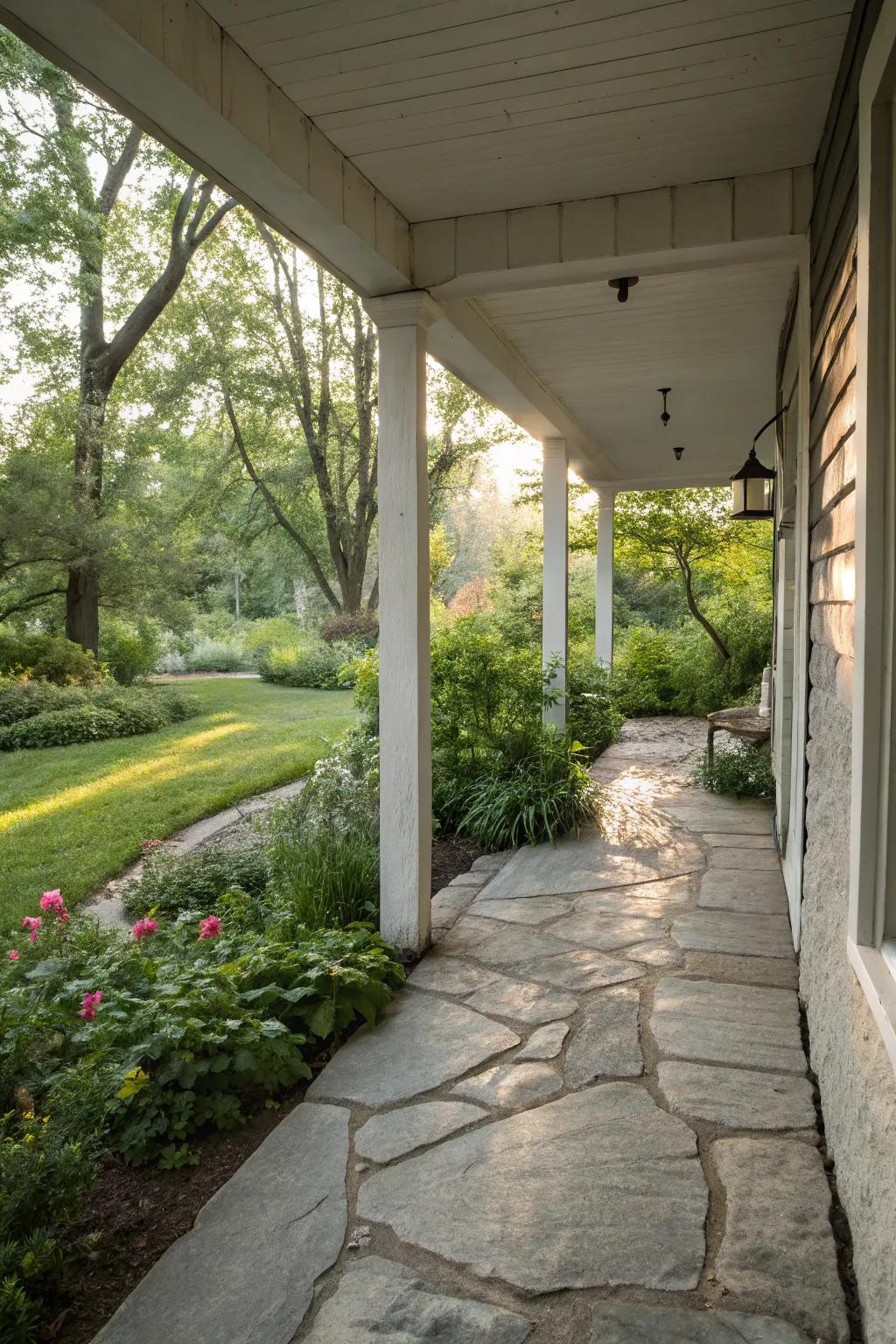 A natural stone pathway inviting guests to your porch.