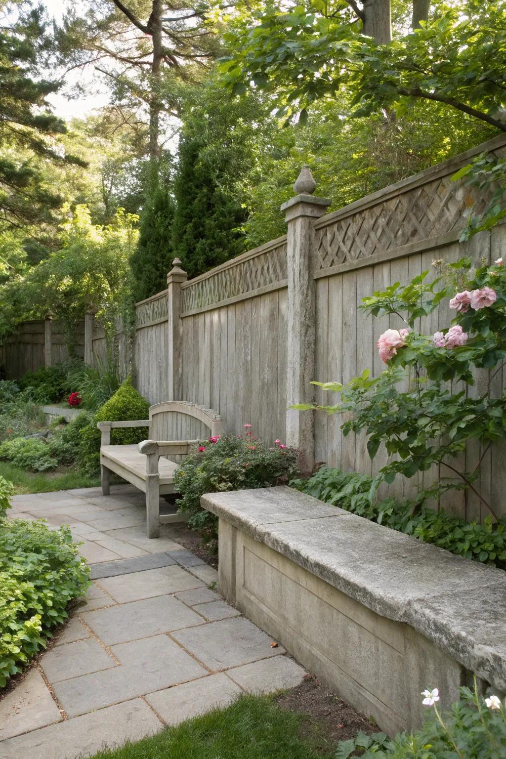 Integrated seating transforms this concrete fence into a retreat.