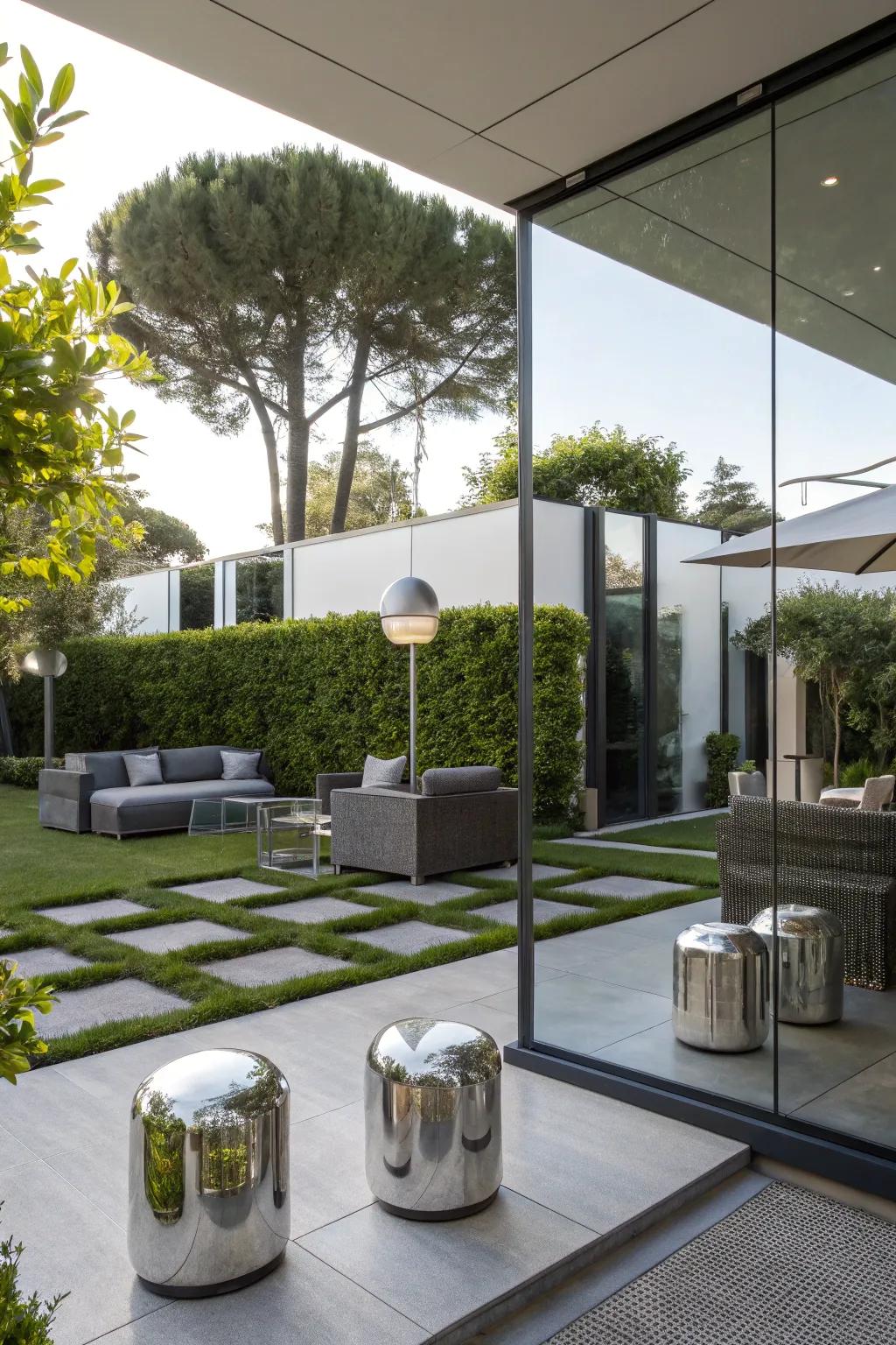 Reflective surfaces amplify light in a modern backyard.