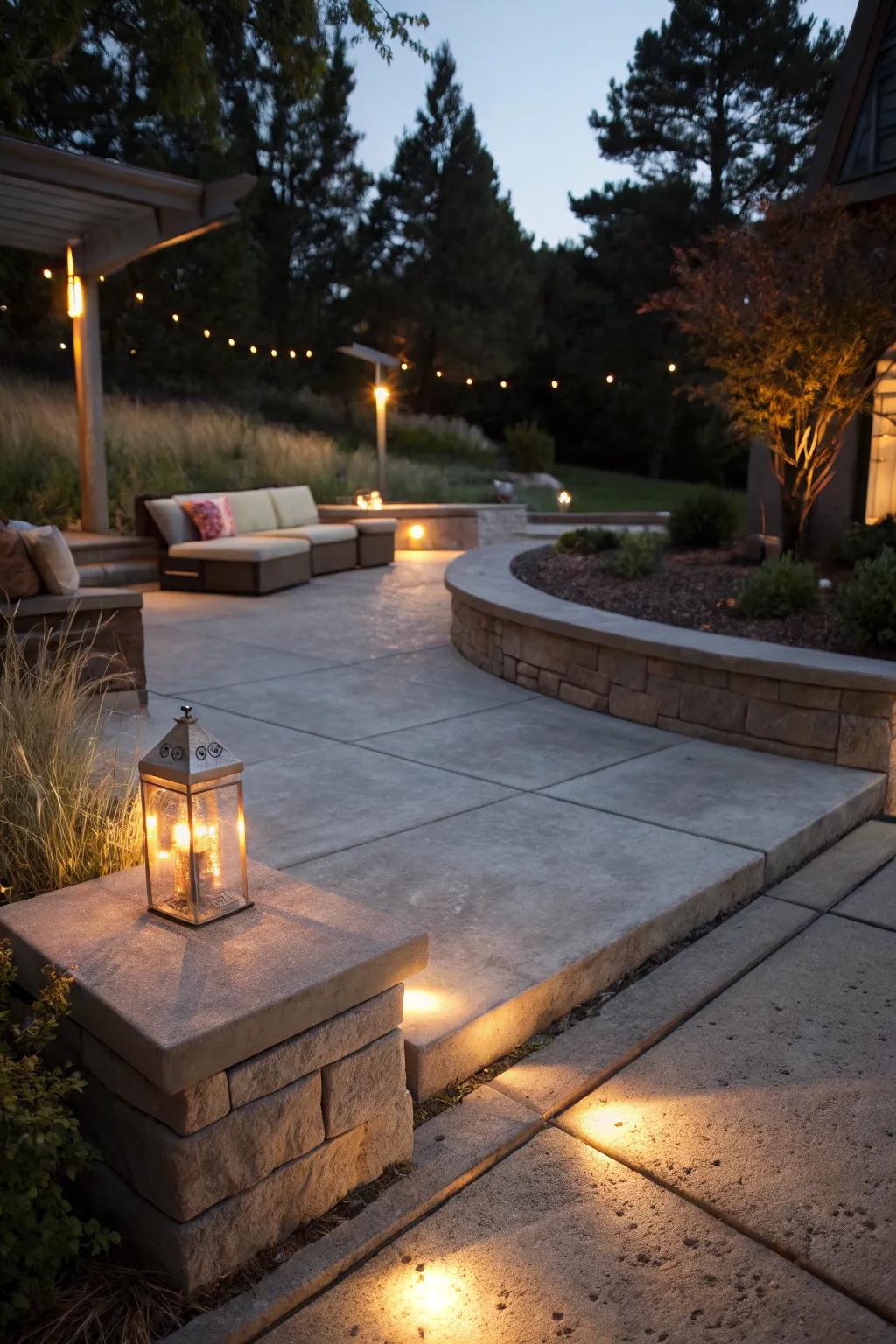 Ambient lighting enhances the patio's usability and ambiance after dark.