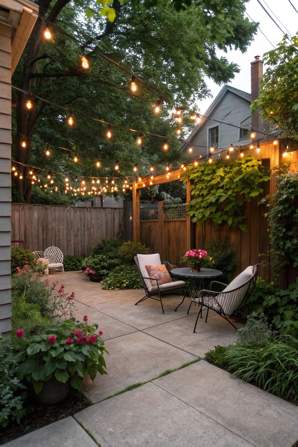 Fairy lights cast a magical glow over your patio.