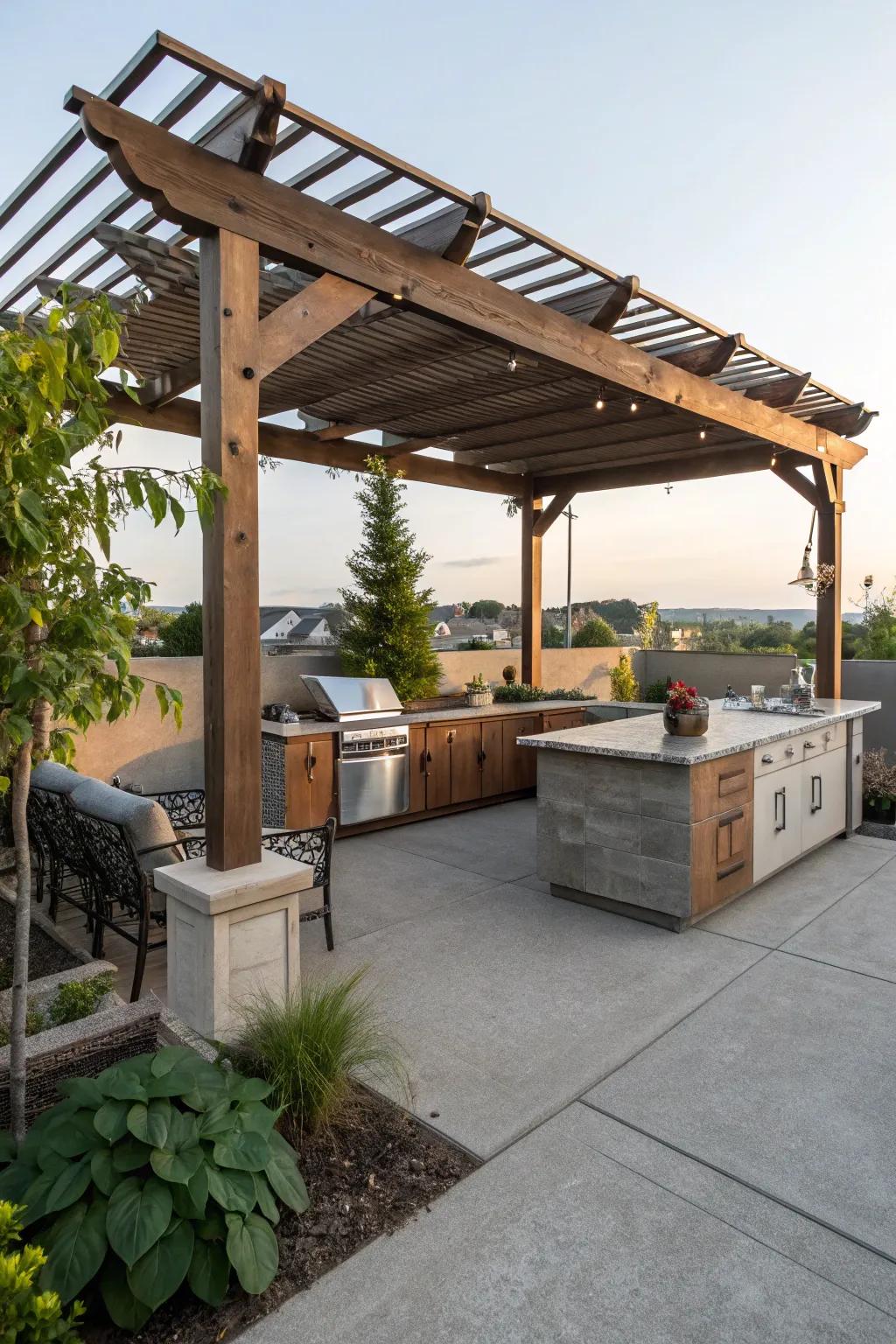Elevate entertaining with an outdoor kitchen under your pergola.