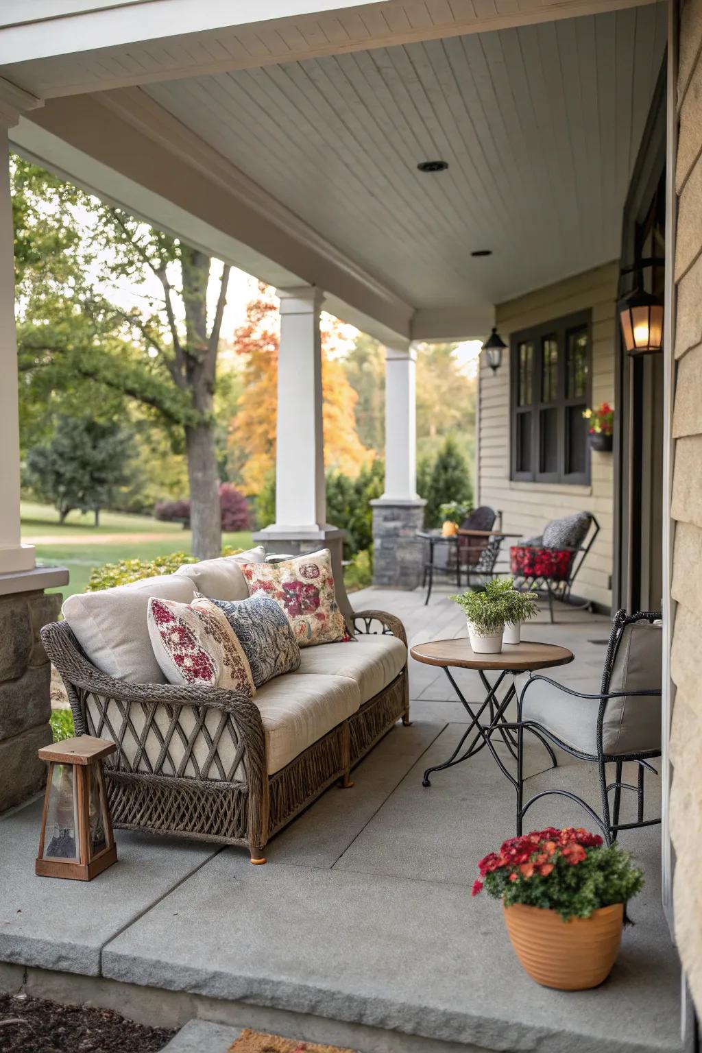Concrete porch with a welcoming seating arrangement.