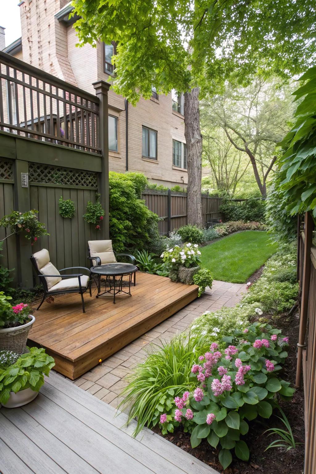 A wooden deck adds rustic charm to a condo backyard.