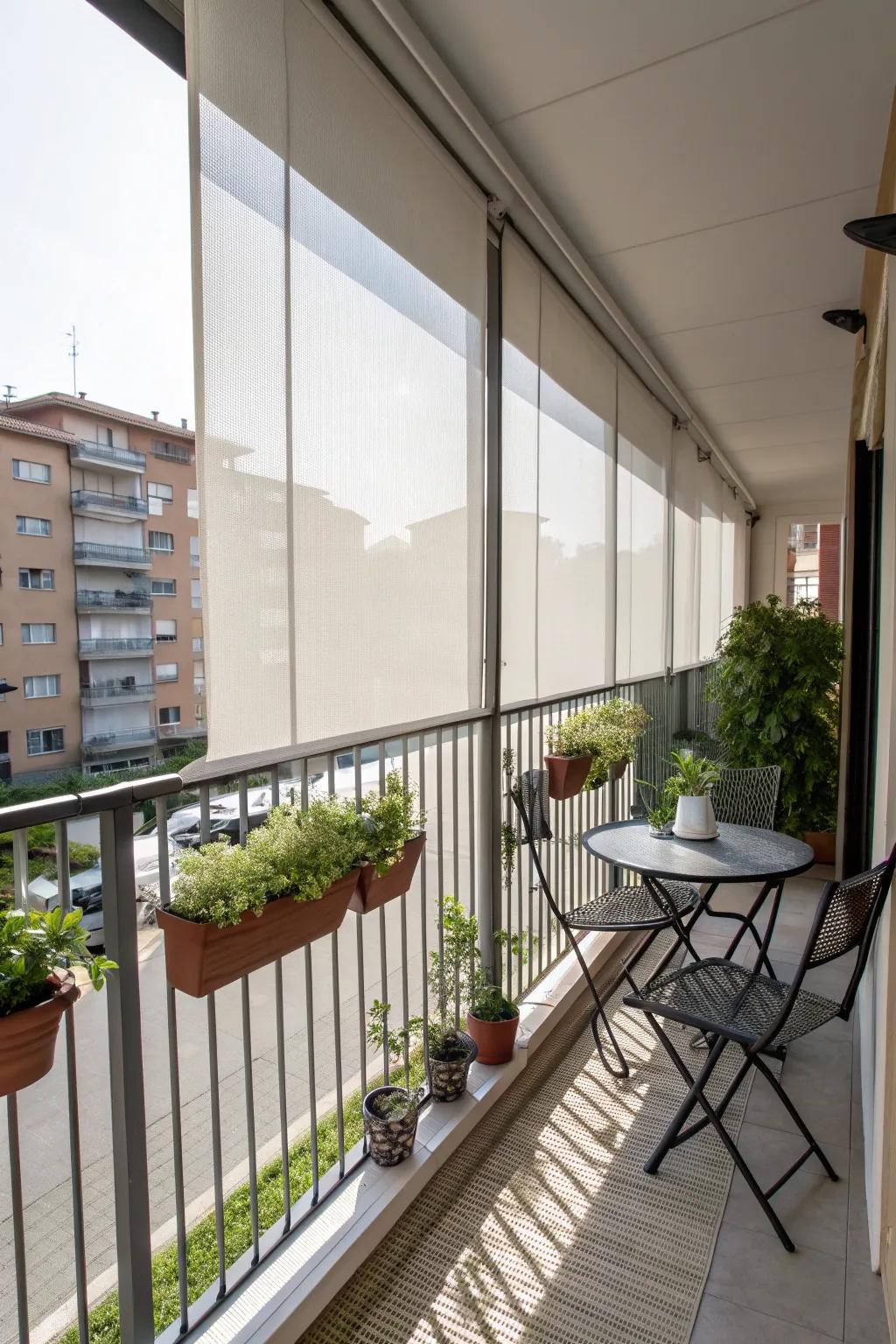 Enhance comfort with adjustable outdoor shades on your balcony.
