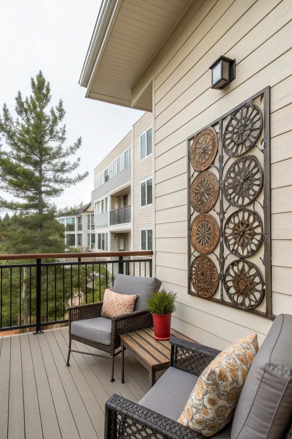 Unique metal art adding a personal touch to a condo patio.