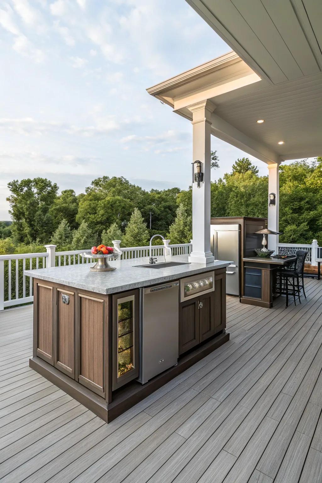 A built-in bar adds a chic touch to any deck, perfect for entertaining.