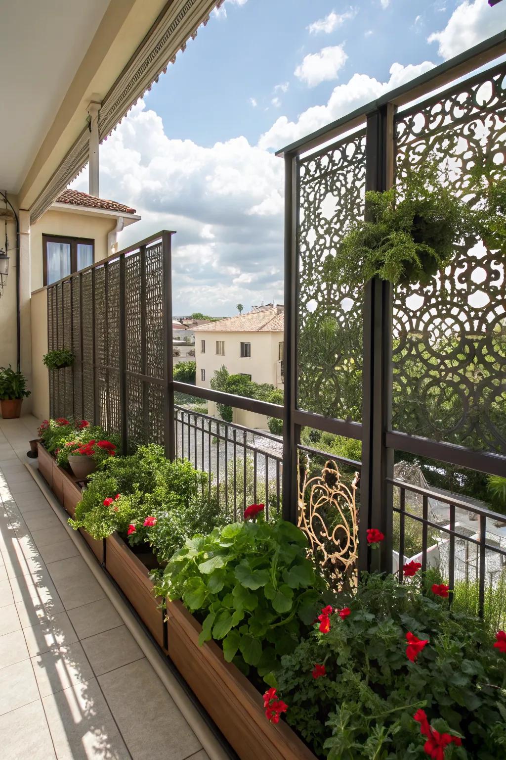 Add decorative screens for beauty and privacy on your balcony.