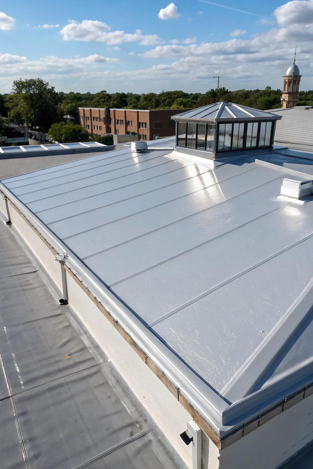 A roof with a cool membrane reflecting sunlight.