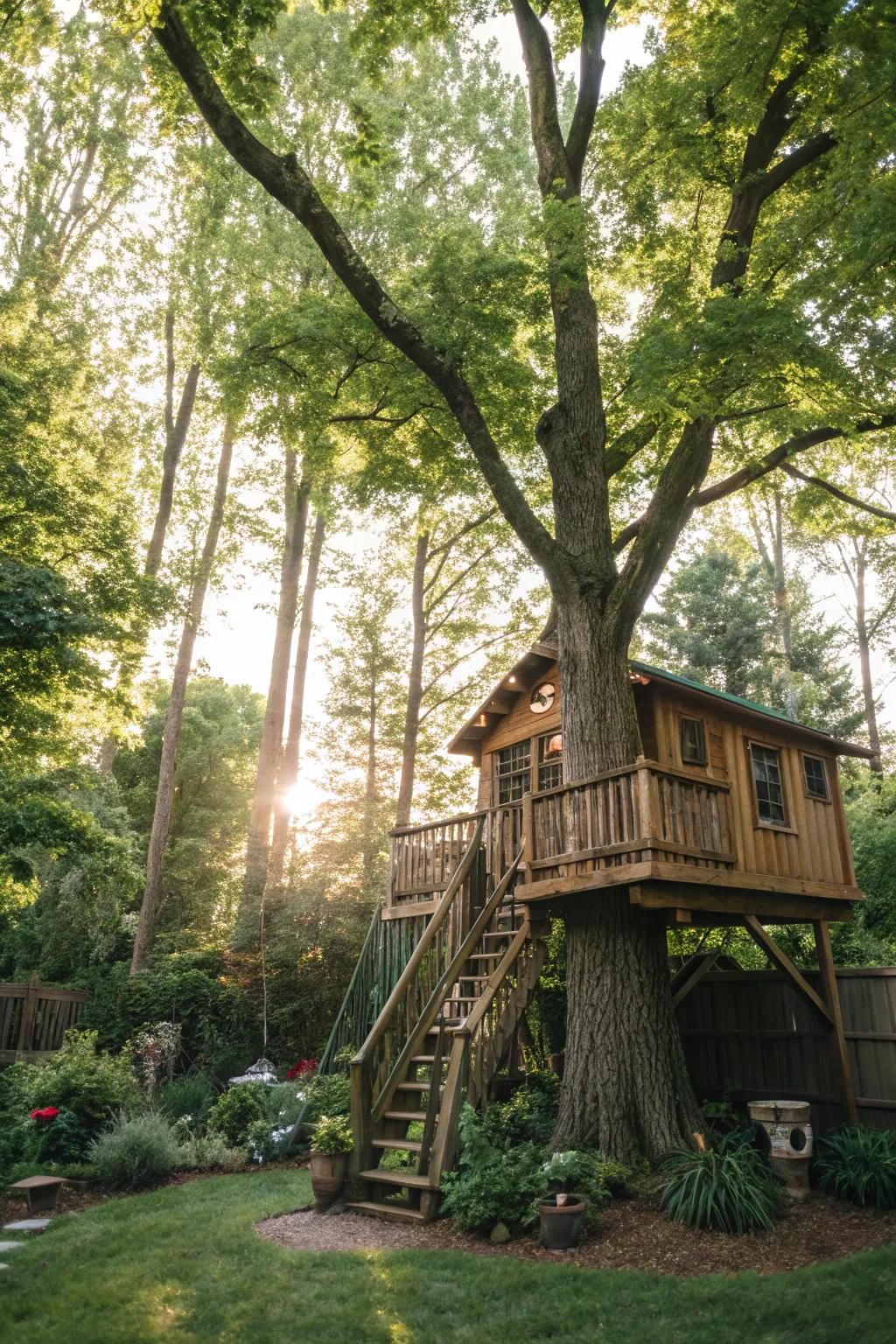 A treehouse adds a whimsical touch to your yard.