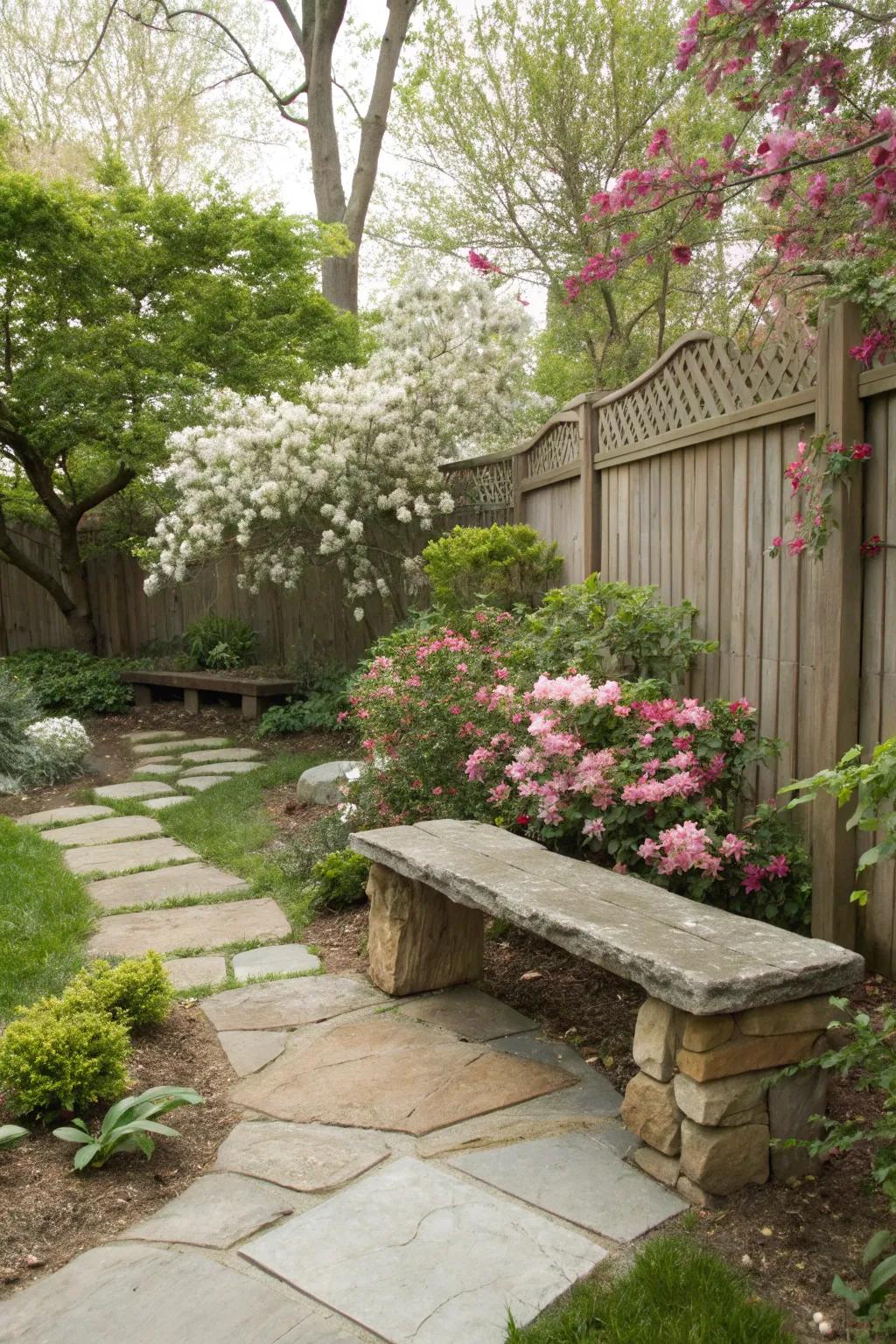 Add charm with a rustic stone bench in your garden.