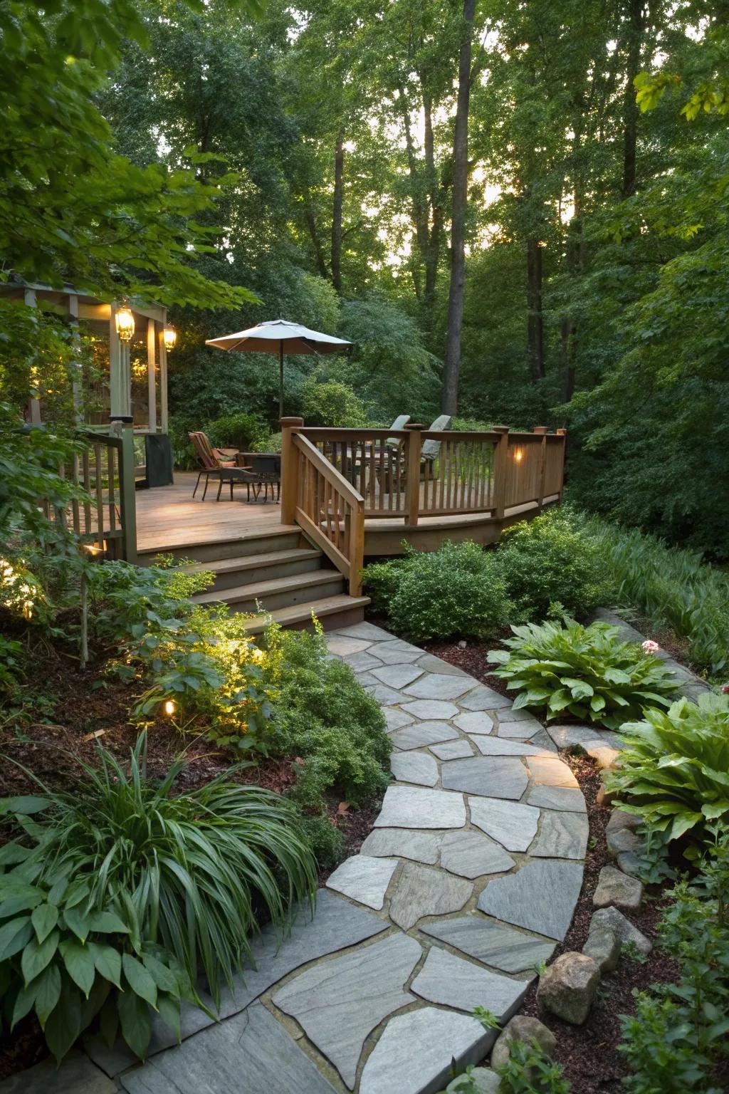 A stone pathway invites exploration to your deck.