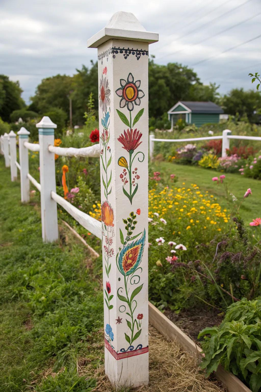 Artistic elements personalize your garden's fence posts.