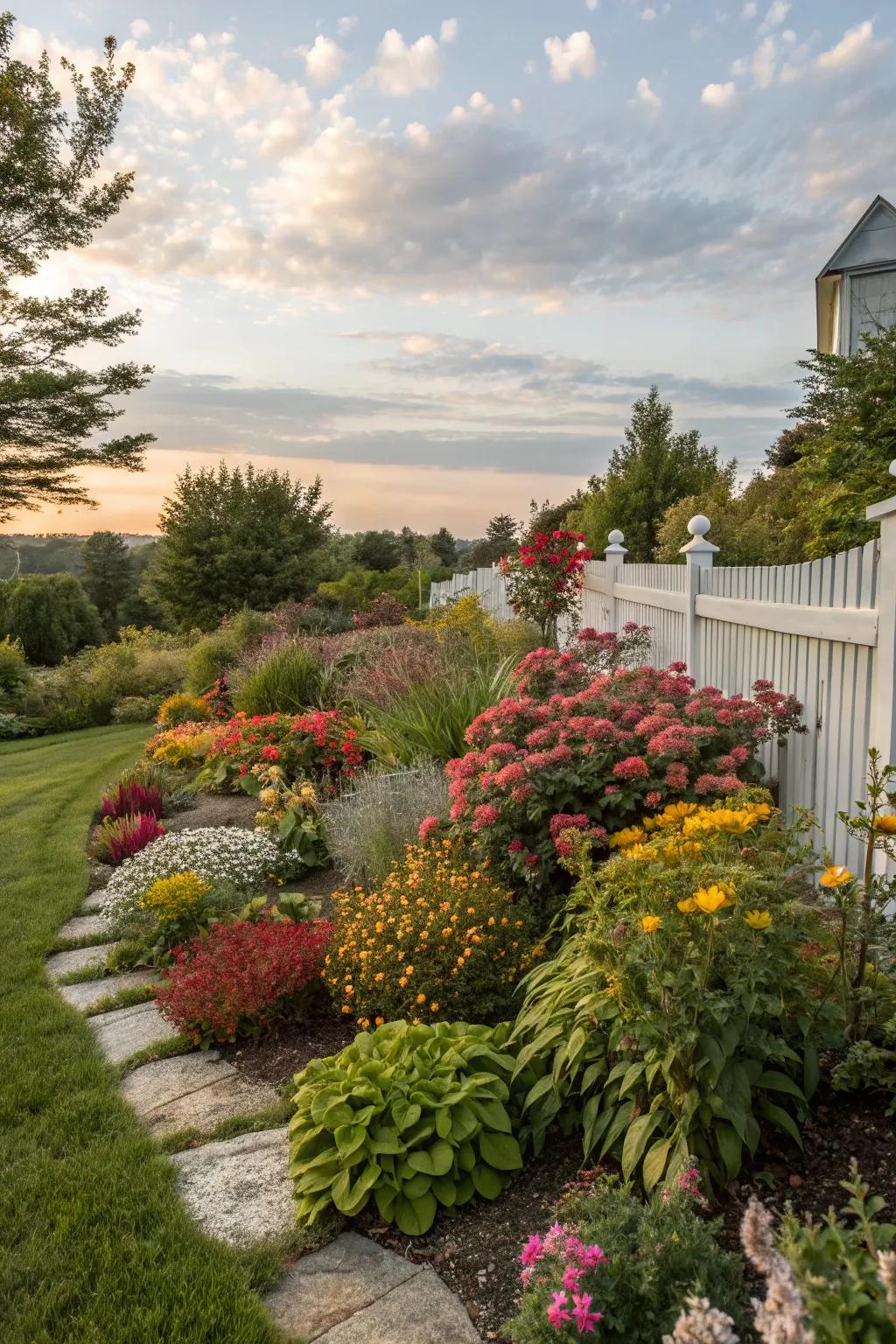 A seasonal showcase keeps this corner garden vibrant all year.