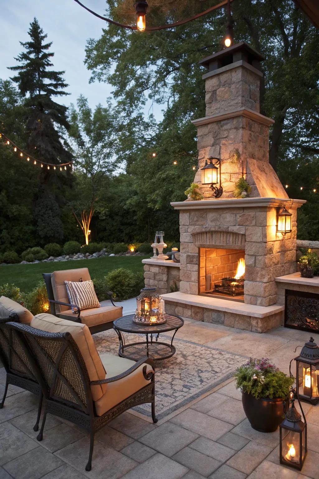 A warmly lit corner fireplace creating a magical evening ambiance.