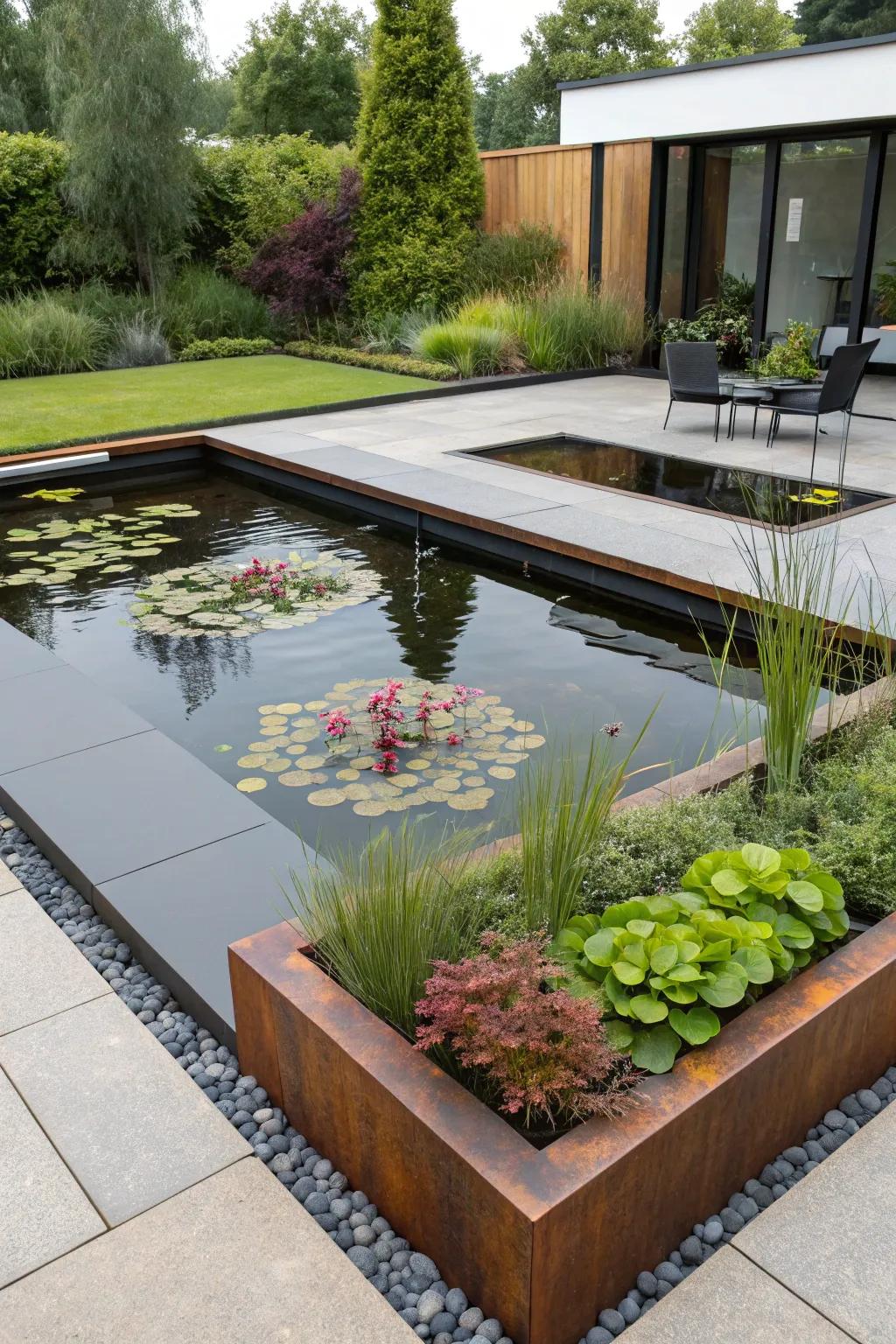 Corten steel brings a modern touch to ponds.