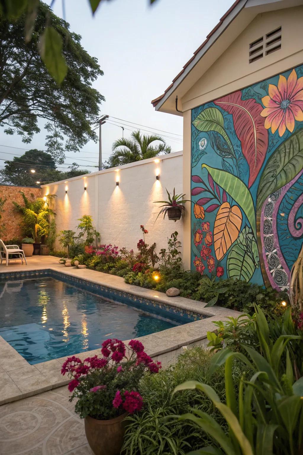 Wall murals add a splash of color and artistry to pool spaces.
