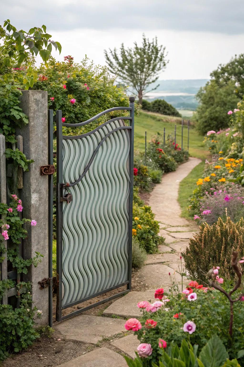 A playful gate design with wavy patterns.