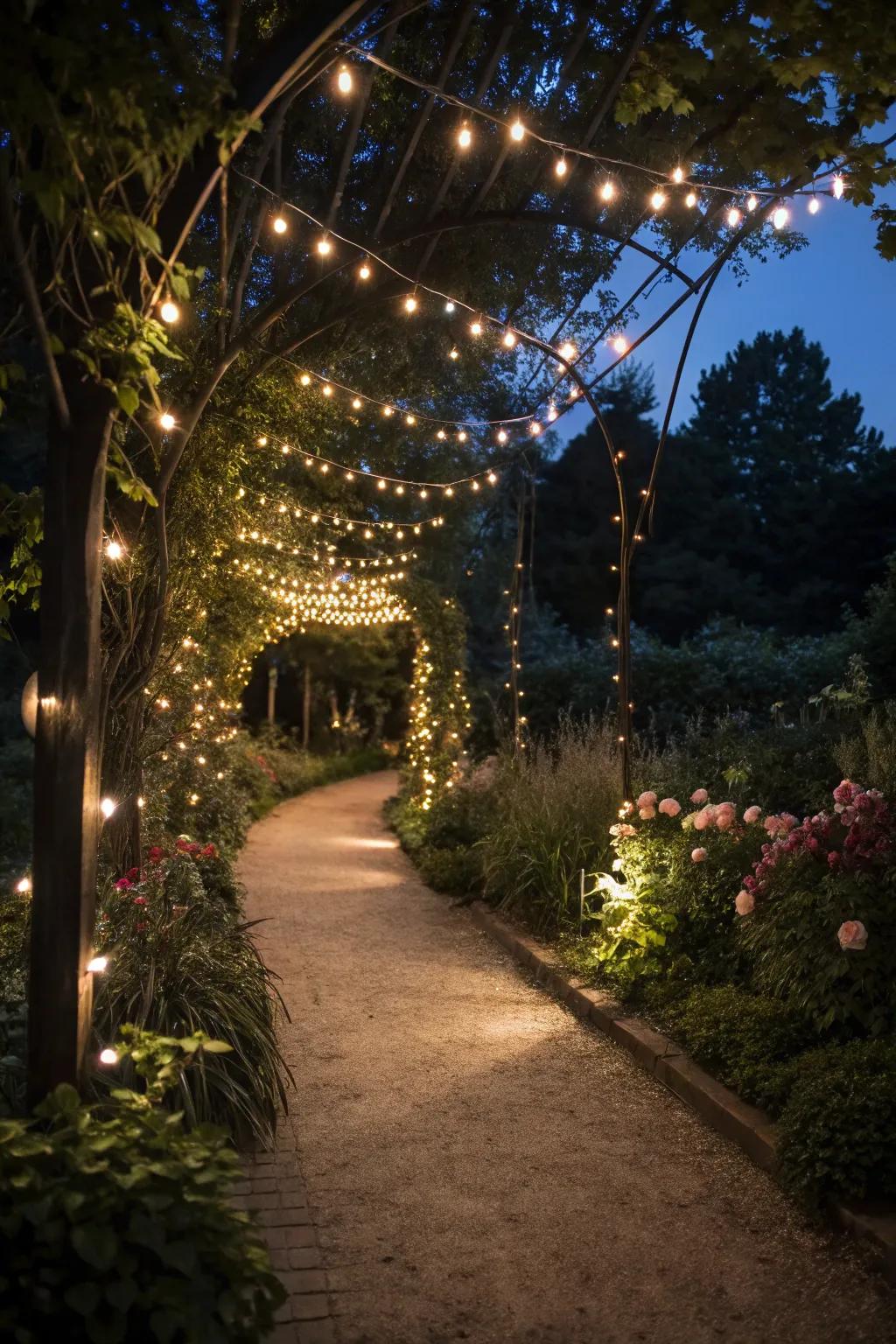 Fairy lights casting a magical glow over a garden path at night.