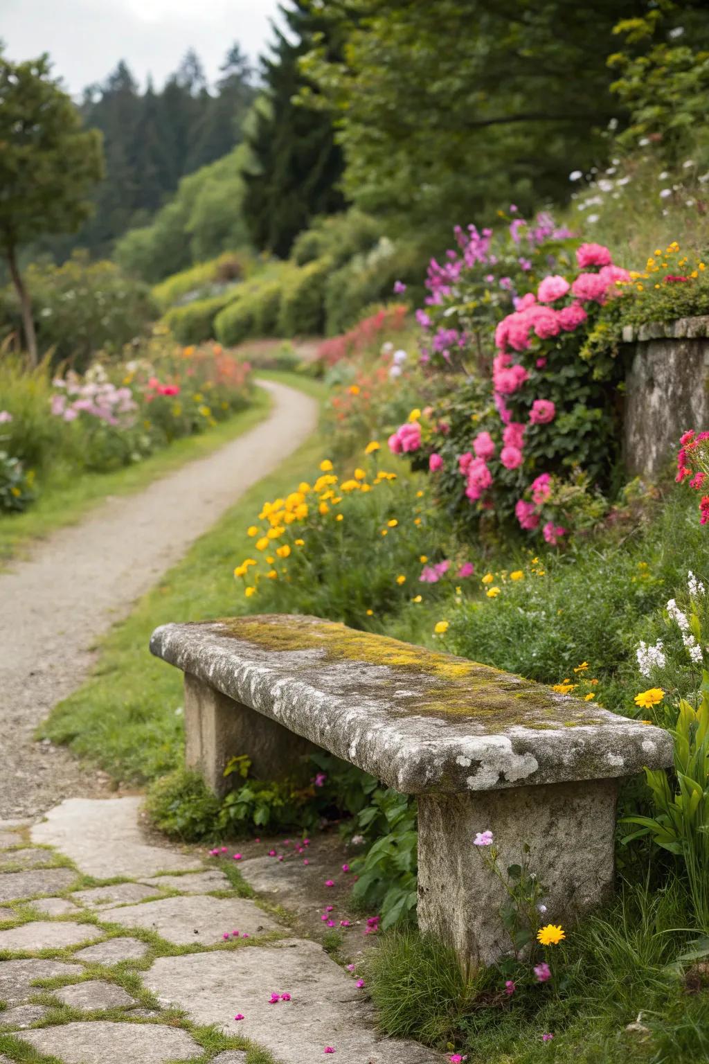 A stone seat along the path invites rest and reflection among flowers.