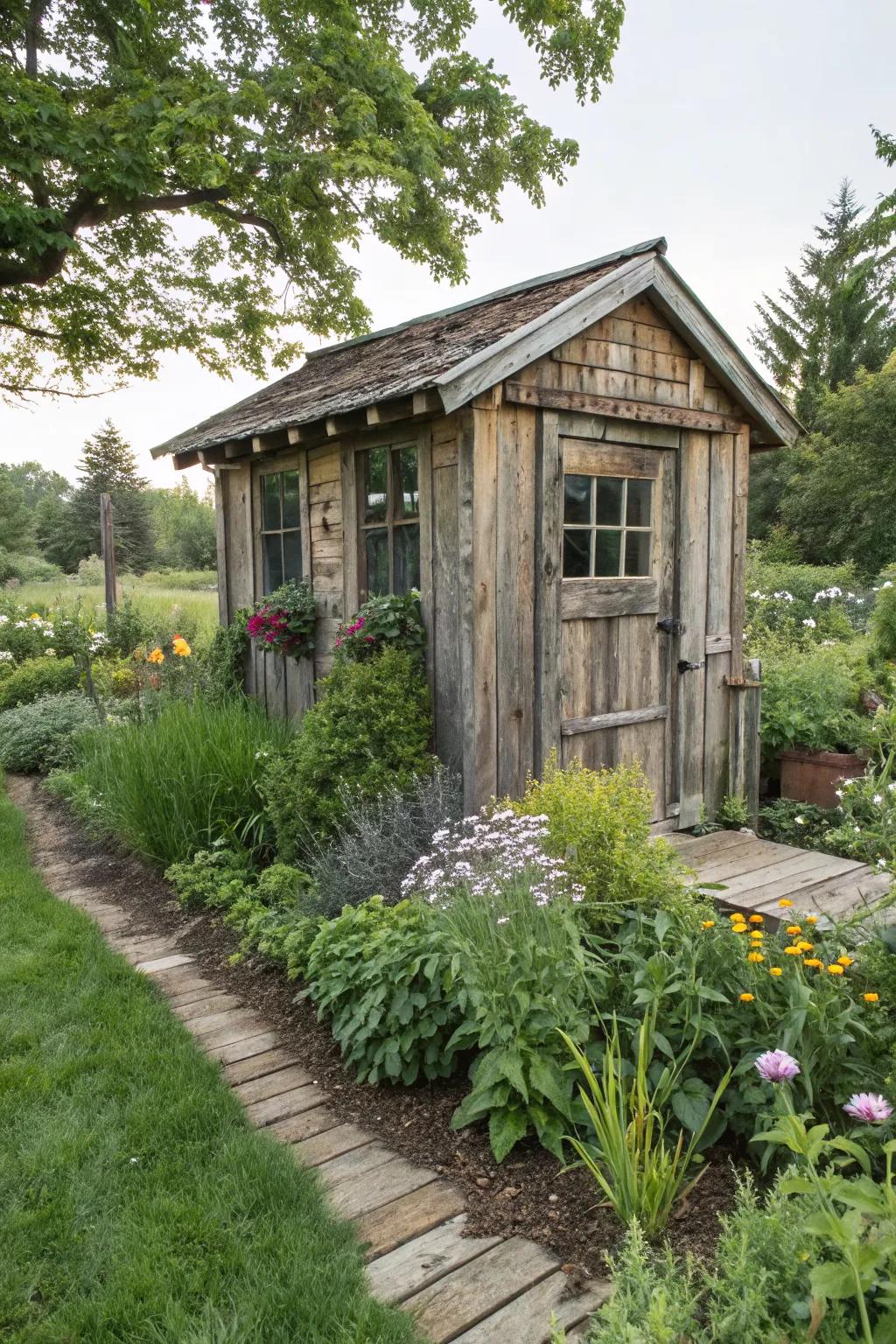 Reclaimed materials add character to this rustic garden shed.
