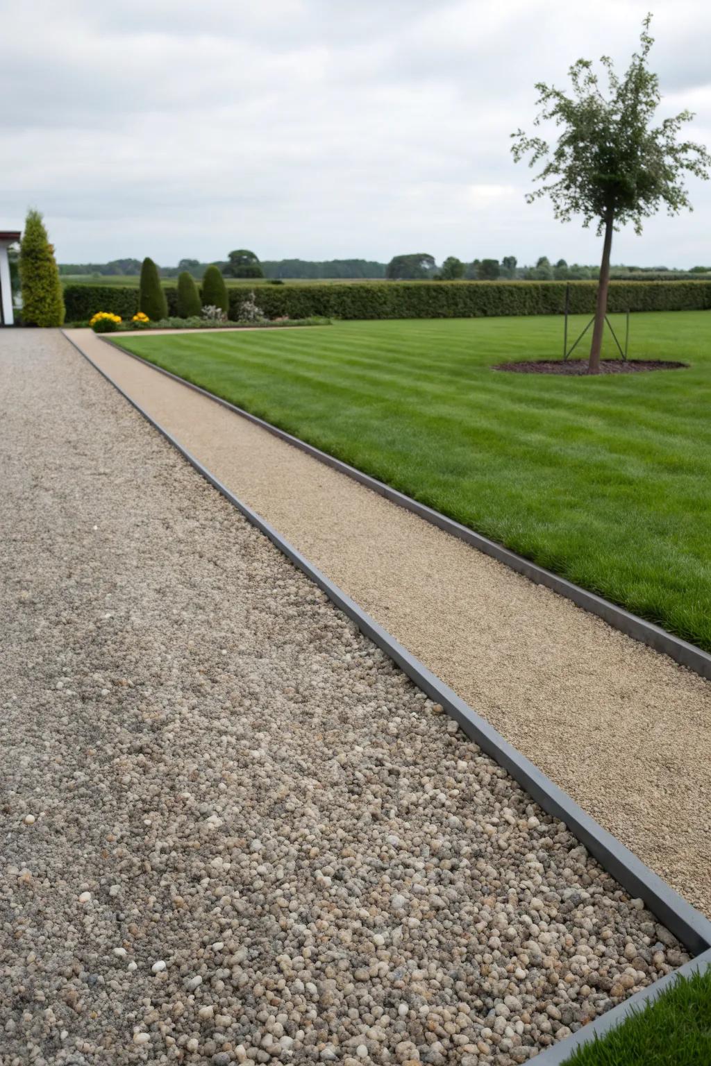 A gravel driveway with sleek steel edging, maintaining a tidy and defined appearance.