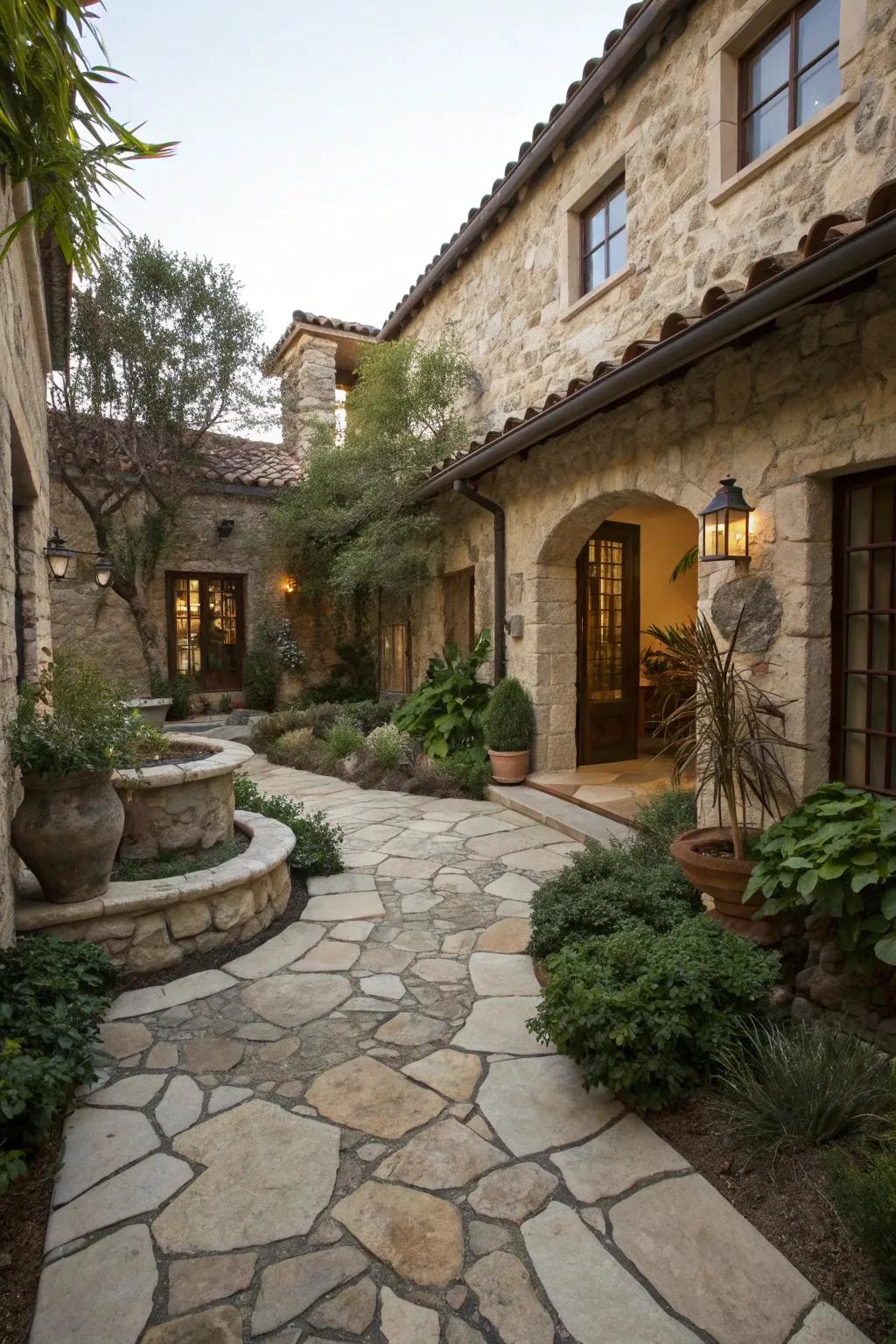 Natural stone accents bringing an earthy touch to the courtyard.
