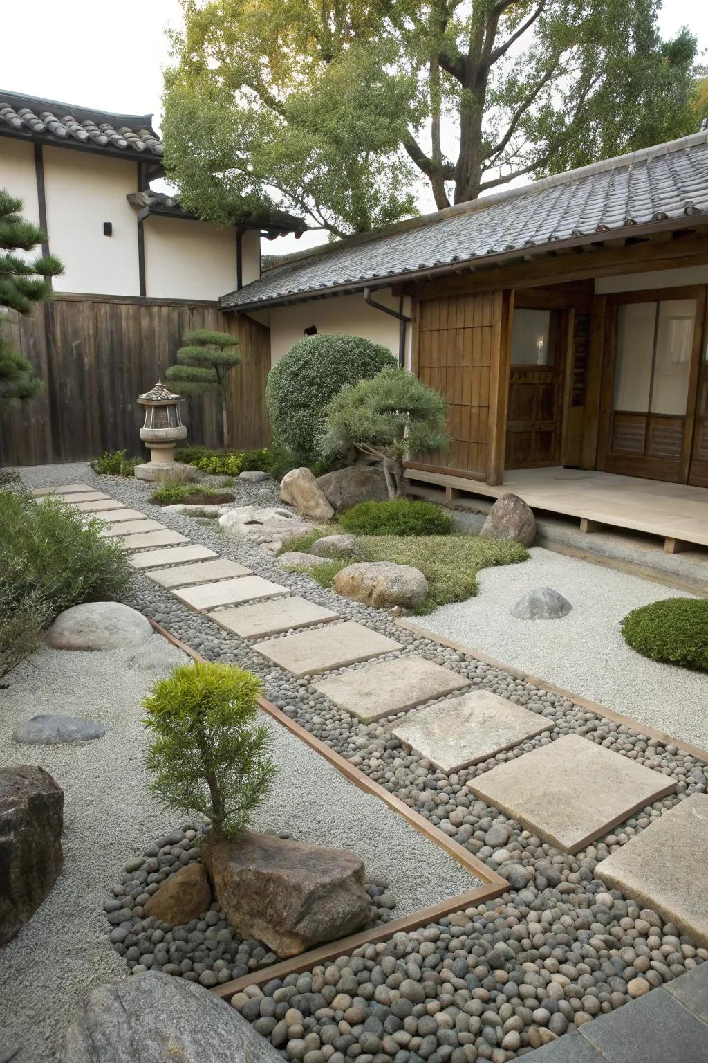 A peaceful courtyard with zen garden-inspired paving.