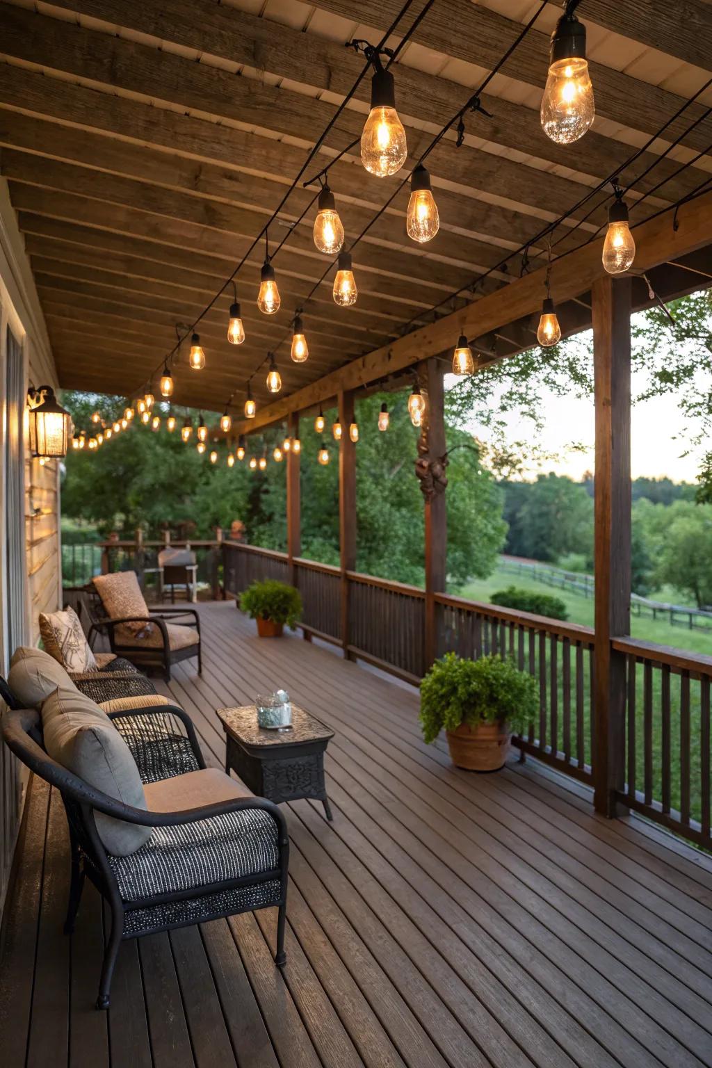 Edison bulbs add a vintage, rustic charm to a covered deck.