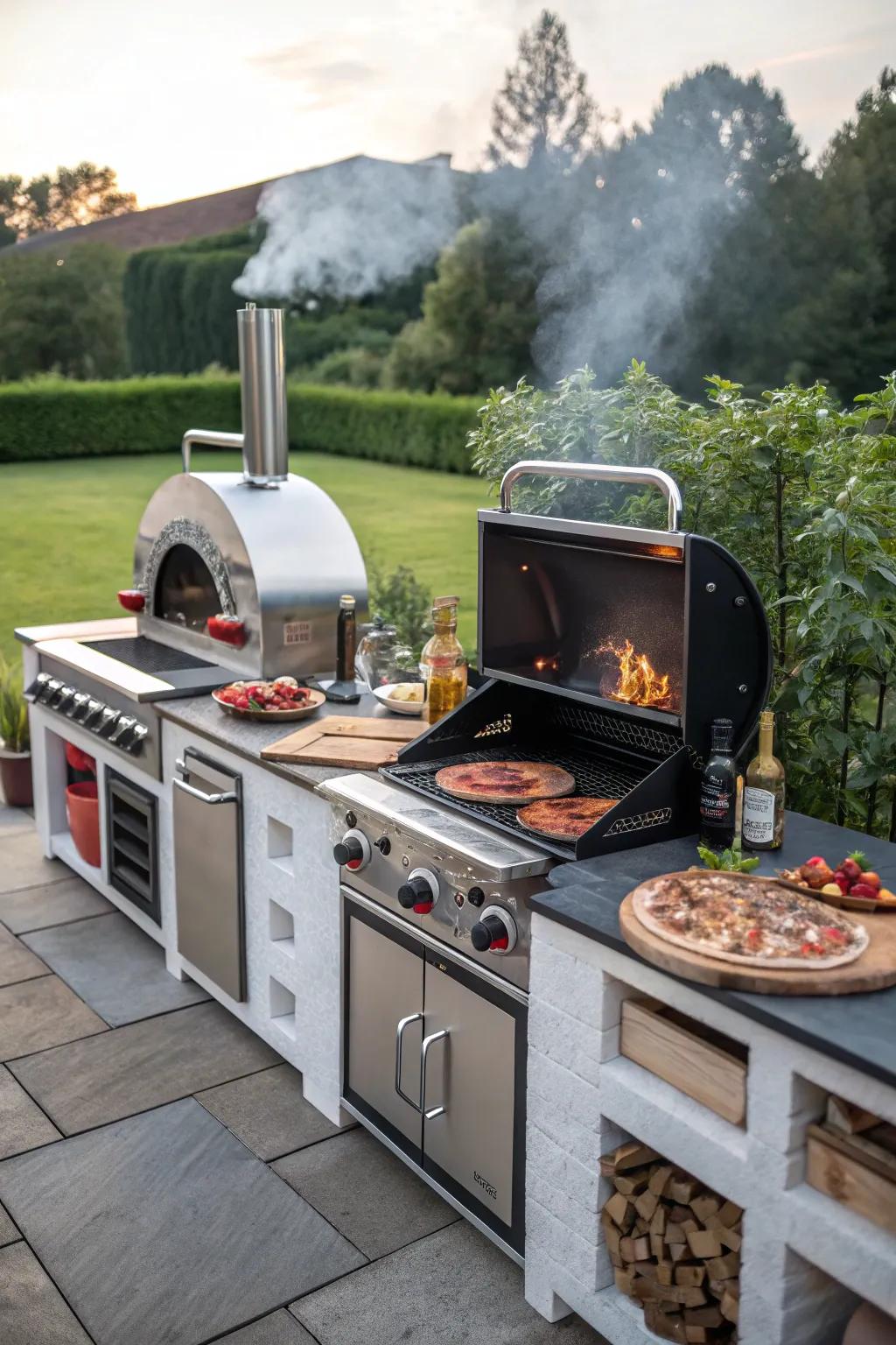 Multiple cooking stations offer versatility in outdoor culinary experiences.