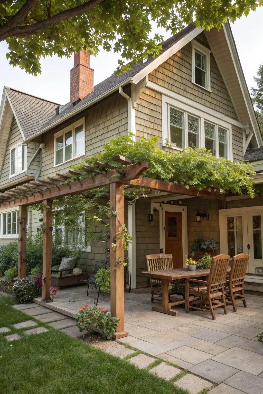 A pergola provides shade and enhances the architecture of this craftsman house patio.