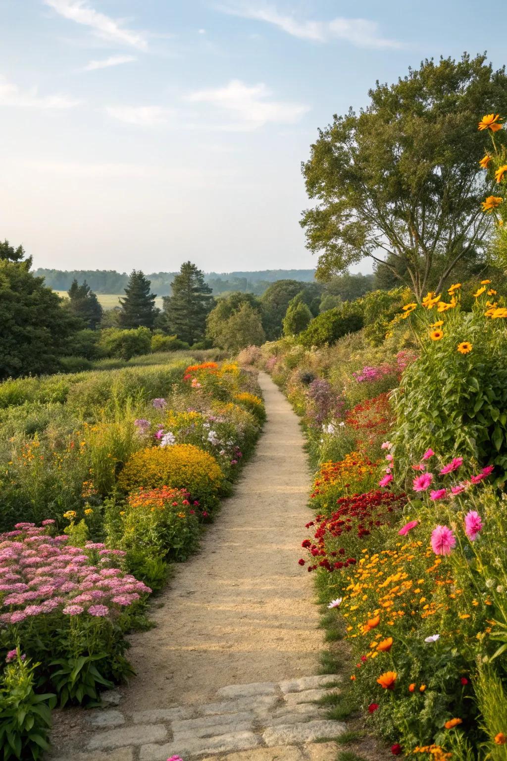 Wildflower borders bring vibrant life to paths.