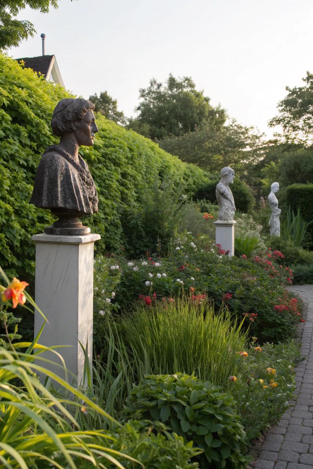 Garden sculptures add an artistic focal point.