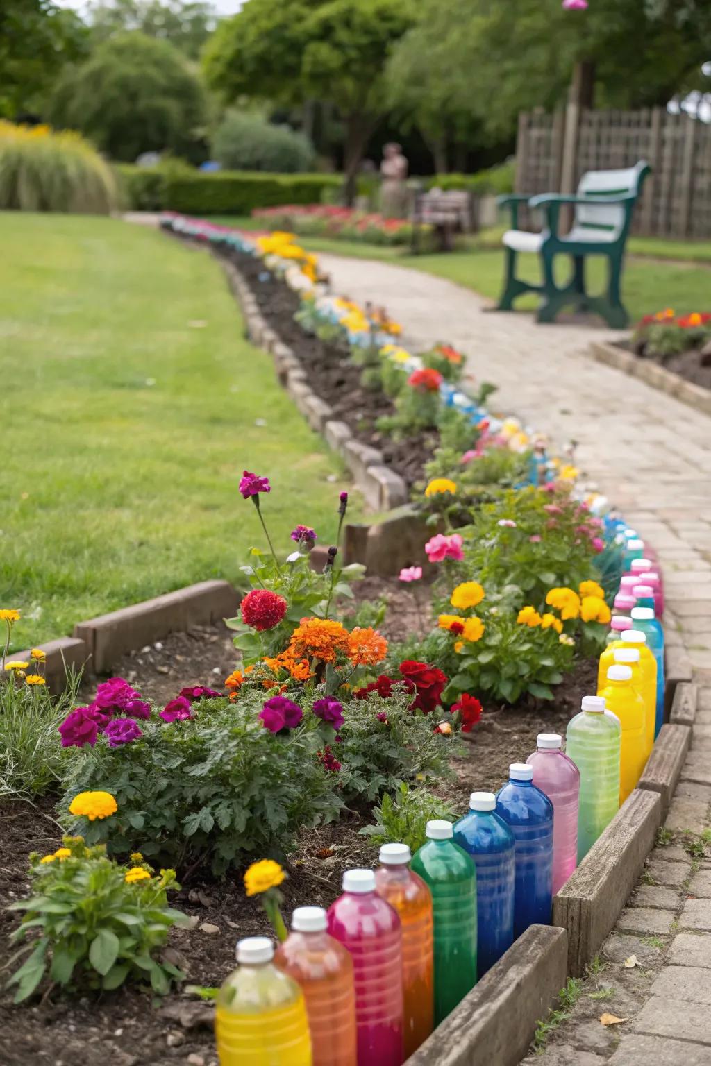 Define garden beds with recycled bottle borders.