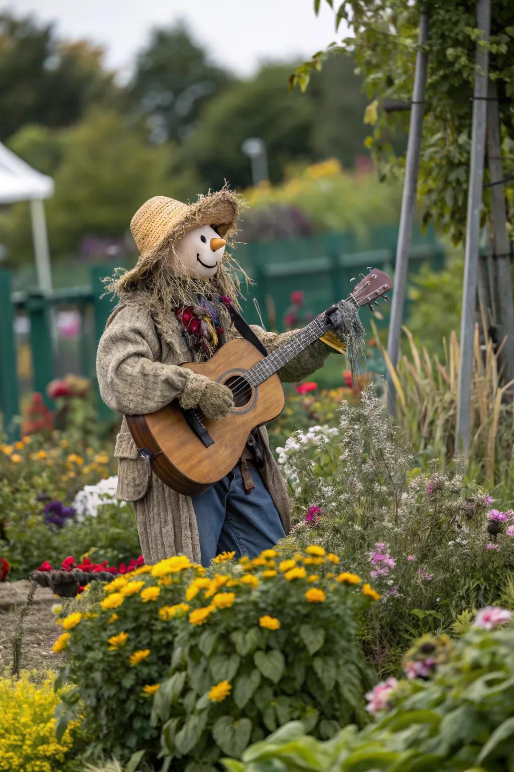 A musical maestro scarecrow bringing tunes to the garden.