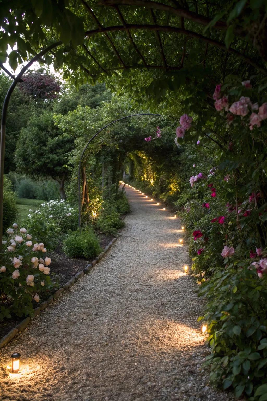 Illuminate your garden paths with lighting on crushed stone.